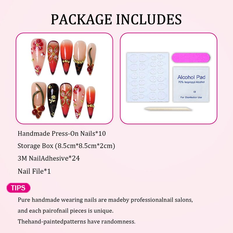 Handmade Press on Nails Medium Almond Fake Nail Unique 3D Floral & Cherry Designs Gold Rose Red Gradient Reusable Flower Stick on Nail Thicked French Tip Acrylic False Nails for Women (M)