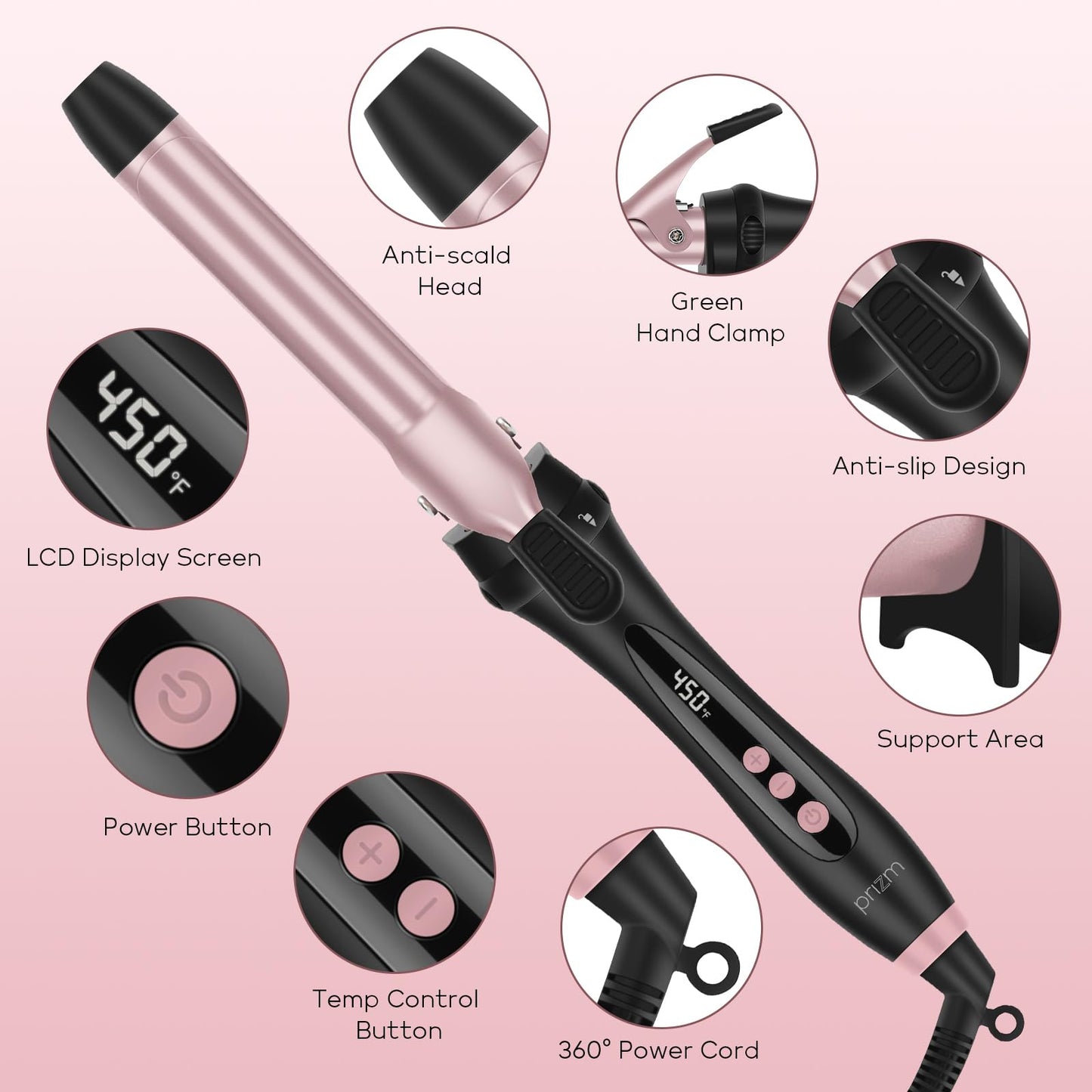 Prizm Pro Clamp Curling Iron Set,5 Interchangeable Barrel Curling Wand,Hair Wand 11 LCD Adjustable Temp,0.6 to 1.25 Inch,Bubble Wand,Tapered Curling Iron Travel Dual Voltage Rose Pink