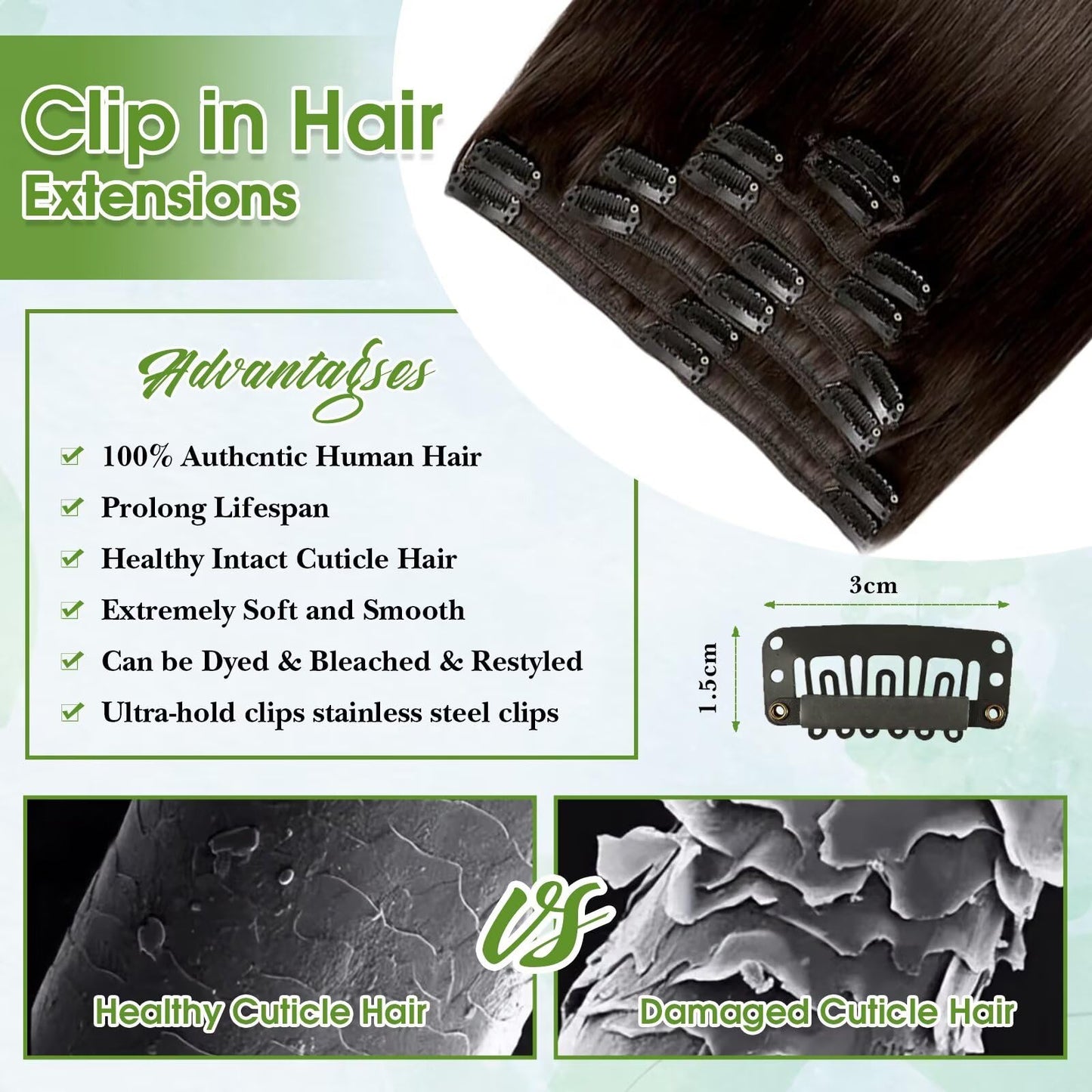 Dark Brown Clip in Hair Extensions Real Human Hair 16inch 8pcs/65g Lightweight Straight Remy Human Hair Clip in Extensions for Women Dark Brown Seamless Human Hair Extensions Clip ins Double Weft