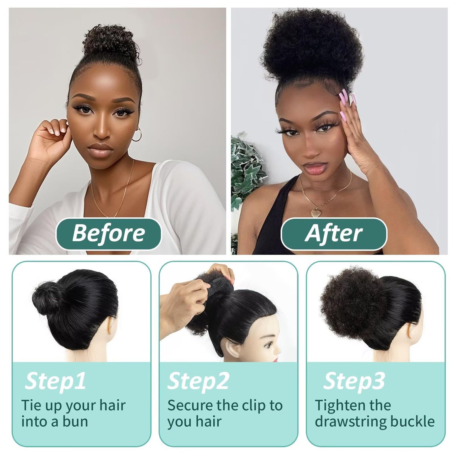 SPIKFN Afro Puff Clip On Human hair Drawstring Ponytail for Black Women,Ponytail Extension 6 Inch #2 Dark Brown 50g Short Afro Kinkys Curly Afro Bun Extension Hairpiece
