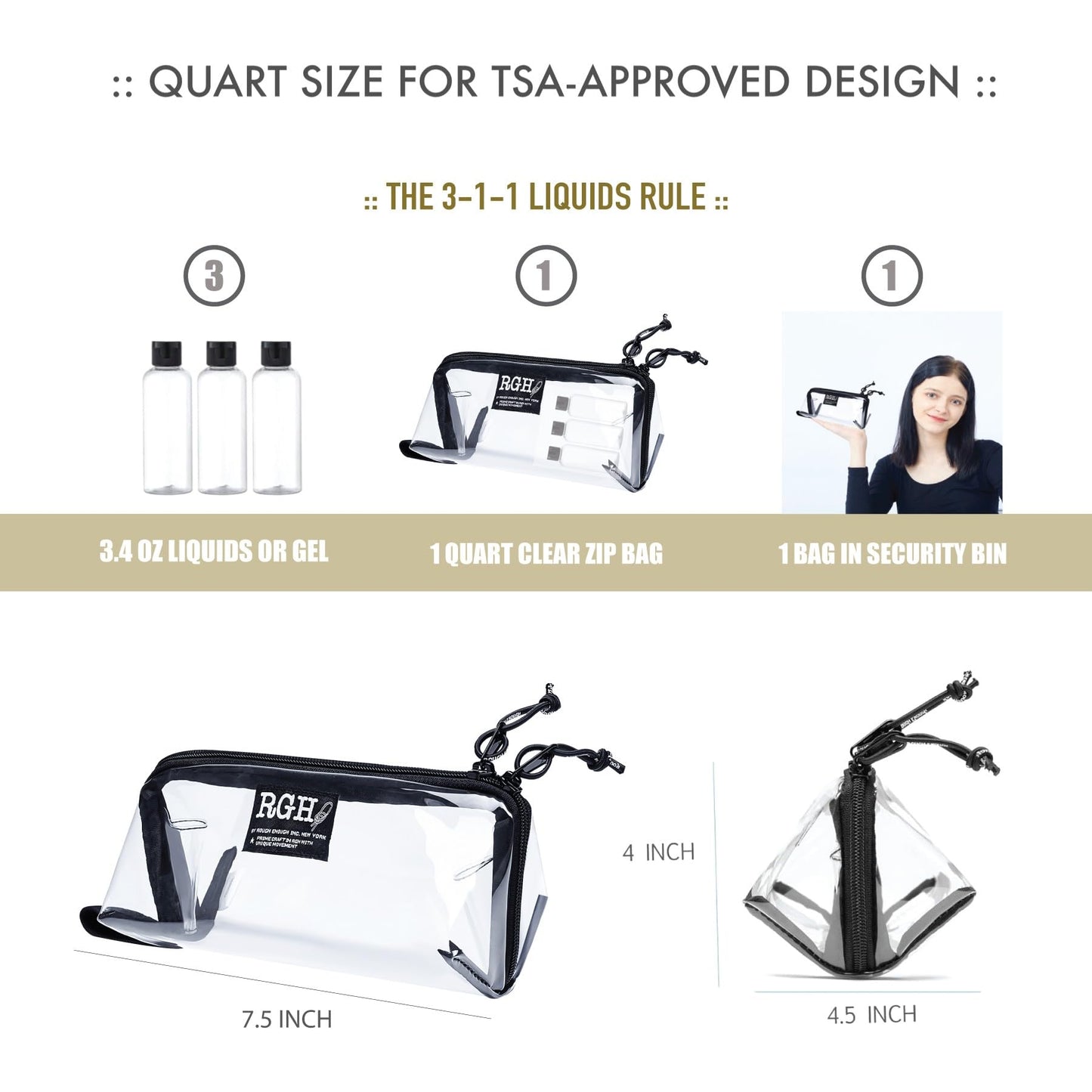 Rough Enough Clear TSA Approved Toiletry Bag Makeup Cosmetic Case Pouch Shaving Kit Travel Essential Accessory with Zipper for Women Men