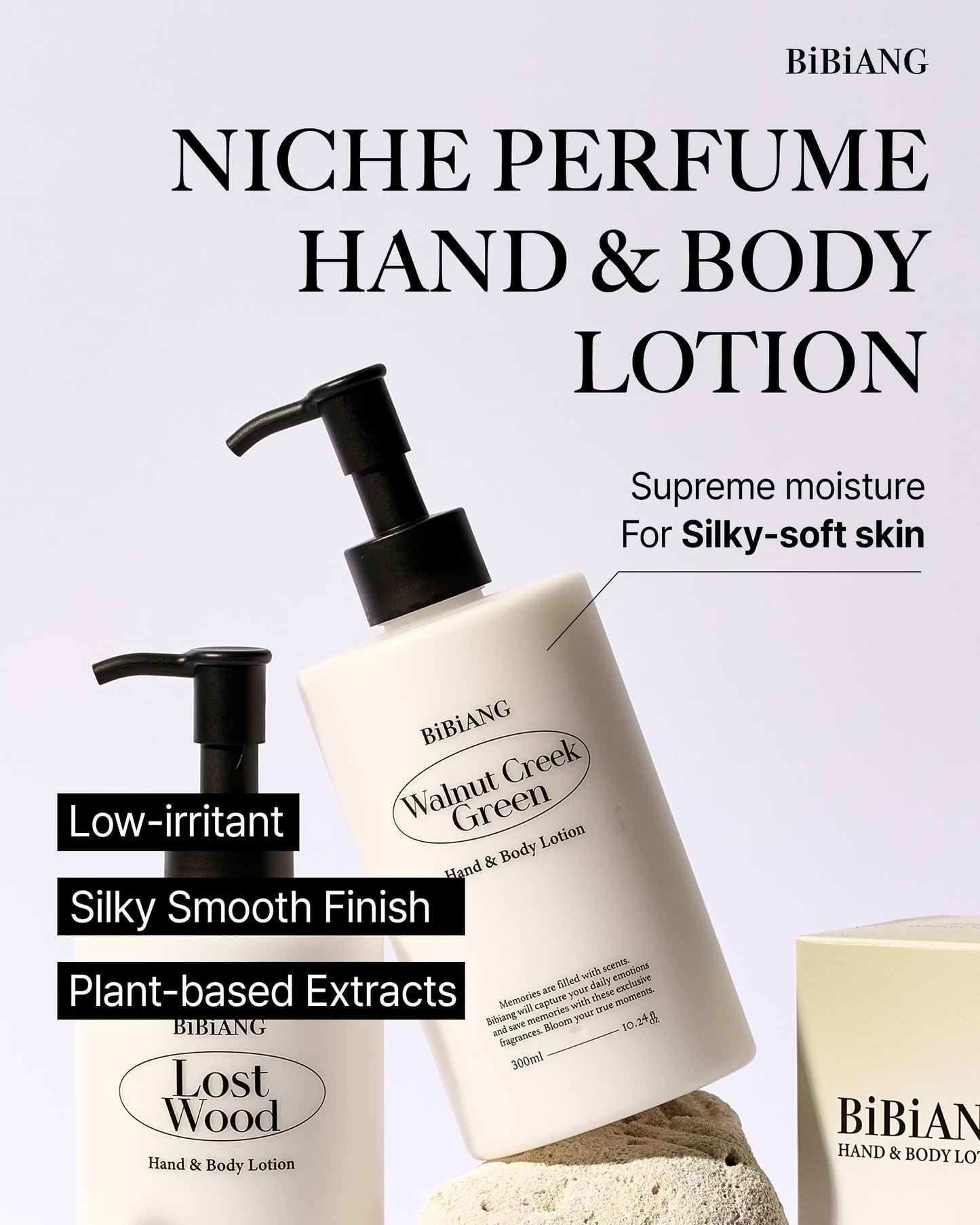 BiBiANG Walnut Creek Green Body Lotion - Korean Body Care for Moisturizing & Nourishment - Hydrating Body Care Formula with Forest Bergamot Scent, Shea Butter & Jojoba Oil - 10.82 fl.oz
