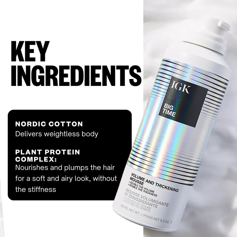 IGK BIG TIME Volume & Thickening Mousse | Flexible Hold Volumizing Styling Foam for Fine, Flat or Curly Hair | Lightweight Body, Frizz Control & Heat Protection | Vegan + Cruelty Free | 6.2 Oz