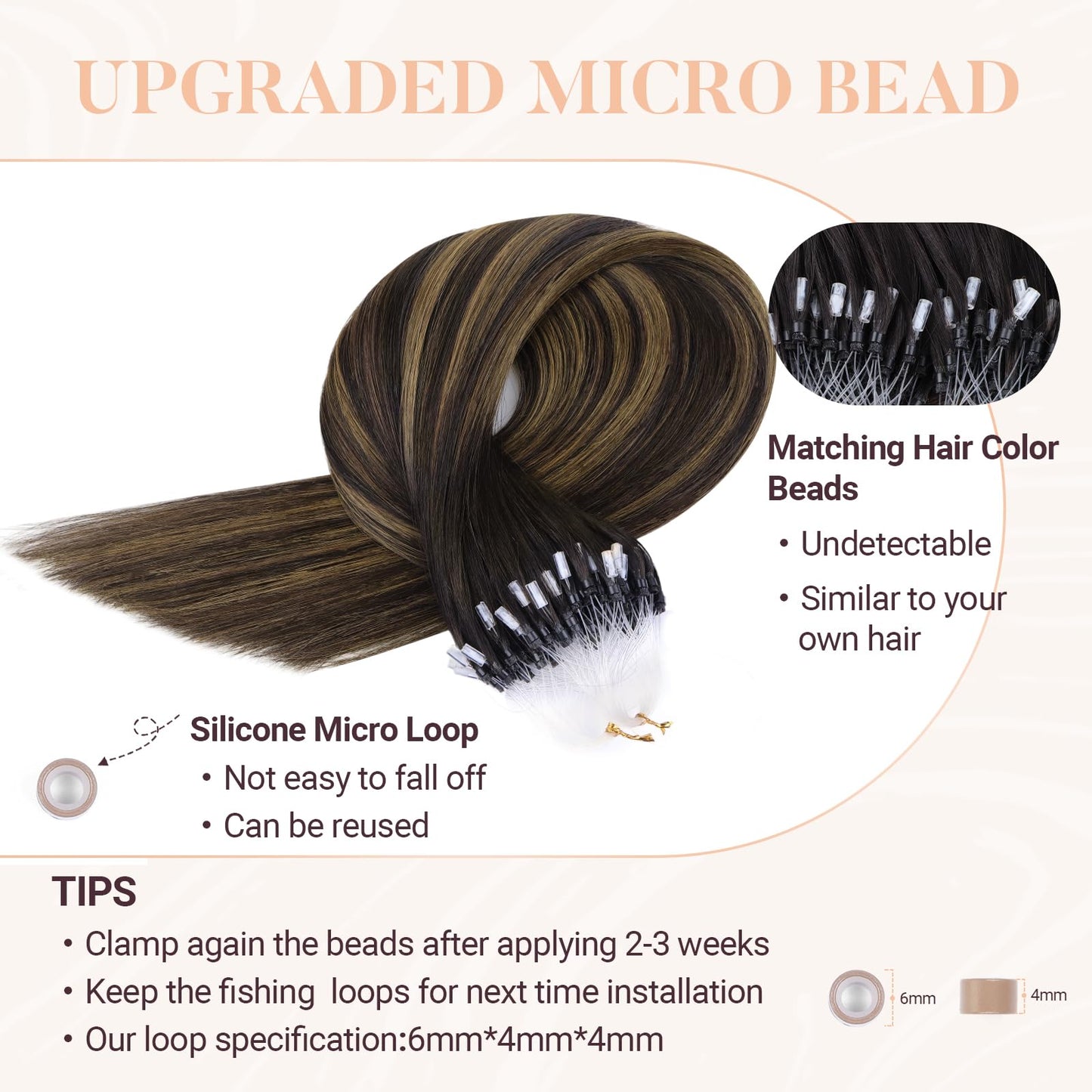 MAXITA Microlink Hair Extensions Human Hair Balayage Dark Brown Mixed Chestnut Brown Micro Bead Hair Extensions Real Human Hair, 50g/50 Strands/Pack, 16 In