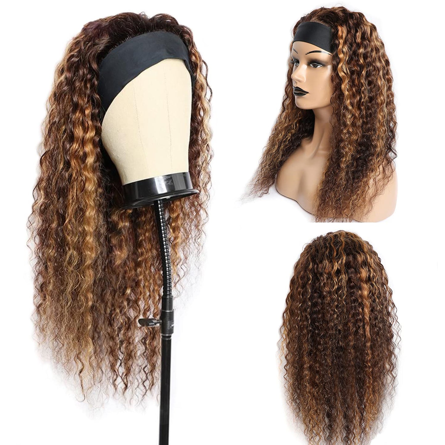 Aiterina Deep Wave Human Hair Wig Highlight Ombre Highlight Curly Human Hair Wig Headband Wigs for Black Women None Lace Front Wigs 150% Density 4/27 Highglight Wig 150% Density 8 inch