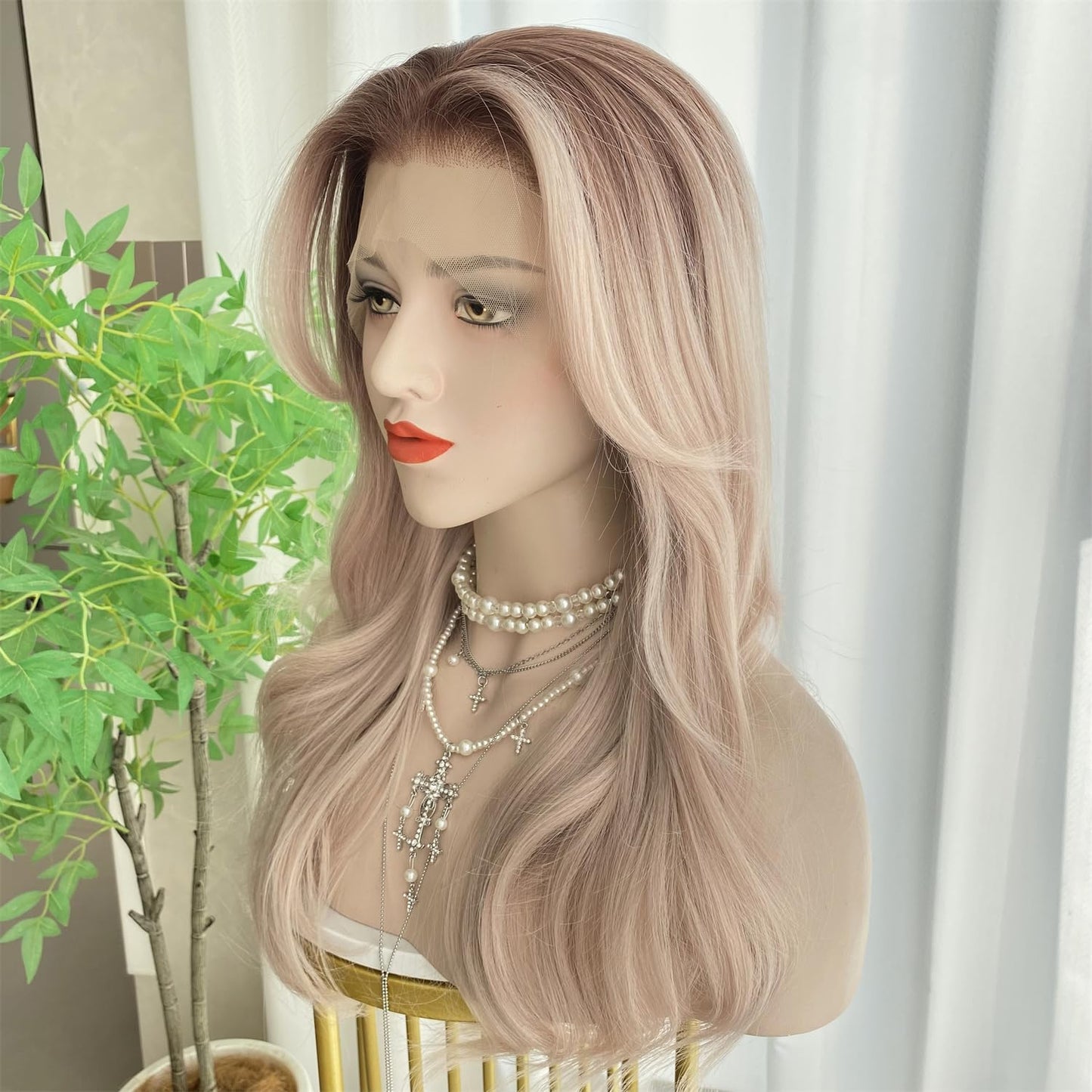 Light Blonde Lace Front Wig - 13x4 Curtain Bangs, 20-Inch Long Natural Wavy Synthetic Fiber for Women