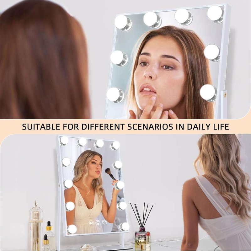 FENCHILIN Vanity Mirror with Lights, 19''x12'' Makeup Hollywood Mirror for Desk with 12 Bulbs Light Smart Touch Control 3 Colors Dimmable Detachable 10X Magnification Tabletop 360°Rotation