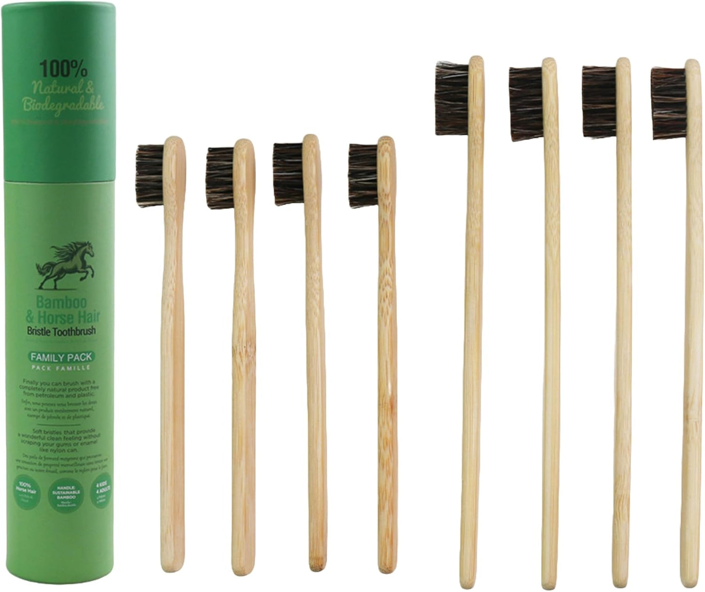 Natural Bamboo Toothbrush Family Pack | Eco-Friendly Horsehair Bristles - 4 Kids & 4 Adults - Compostable & Biodegradable
