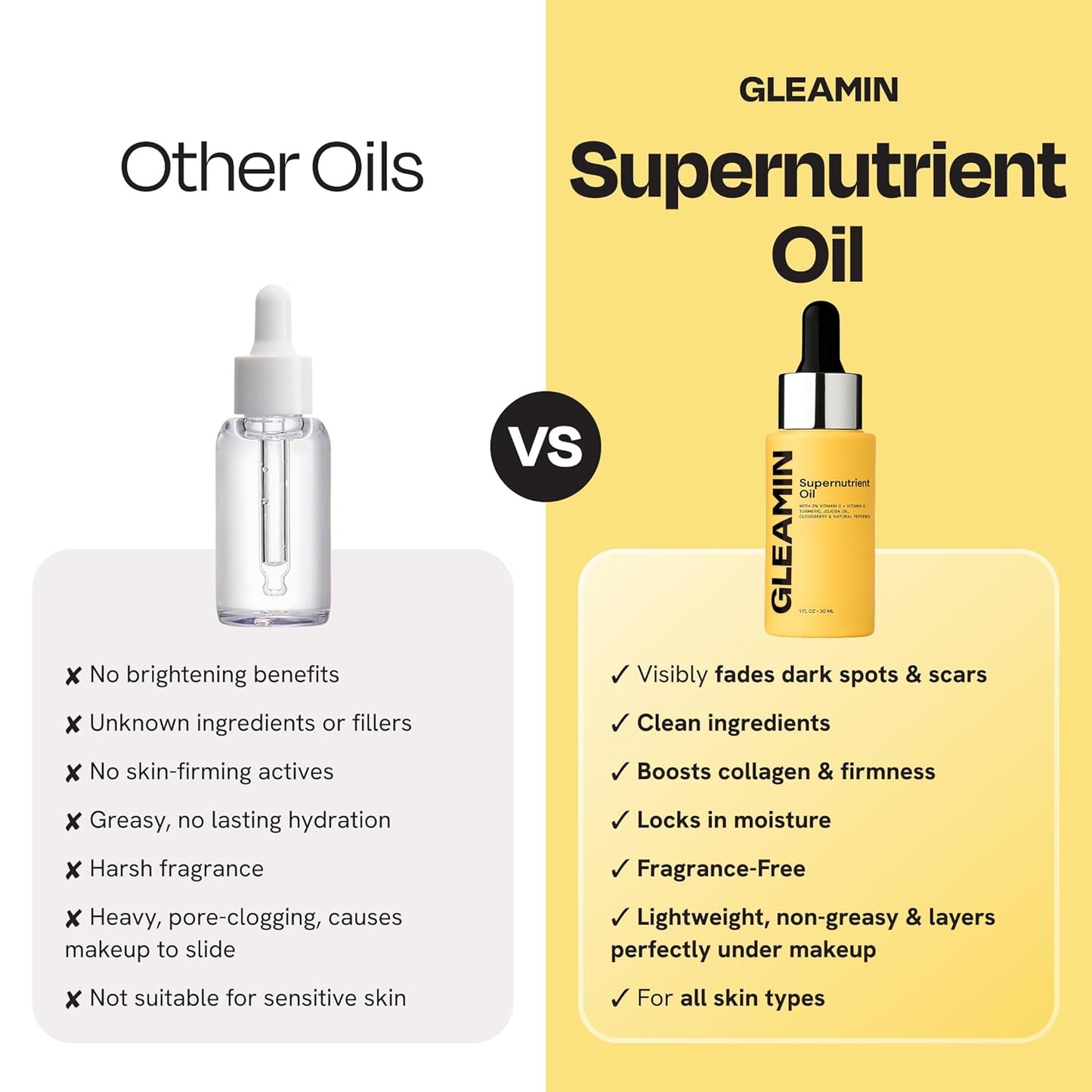 Gleamin Supernutrient Facial Oil - 3% Vitamin C & Jojoba Oil for Hydration | Lightweight, Fragrance-Free, 1 Fl Oz