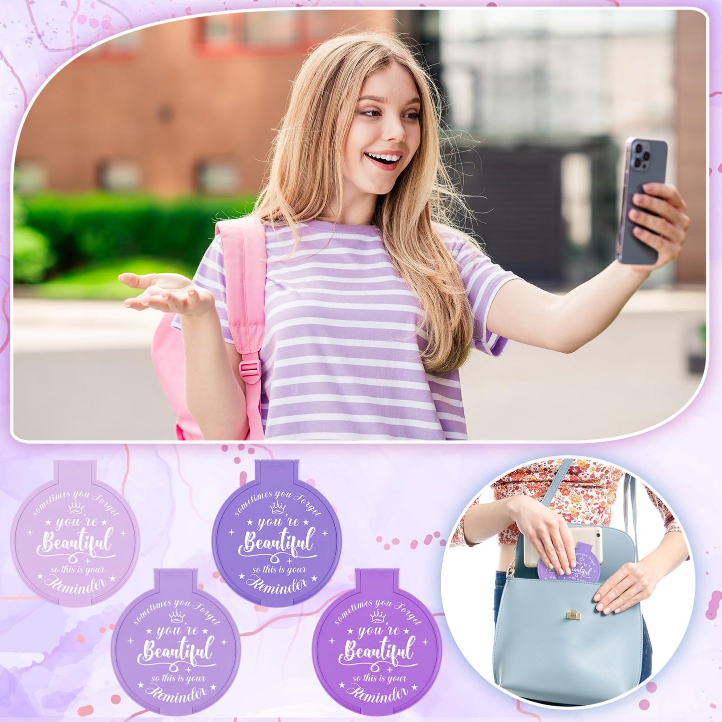 Gulfmew 100 Pcs 2.76 Inch Inspirational Compact Mirror Bulk Women Small Gifts Graduation Mothers Day Party Favors Purse Mirror Pocket Mini Items for Adult Coworker Cheerleader Swag Bag (Purple Series)