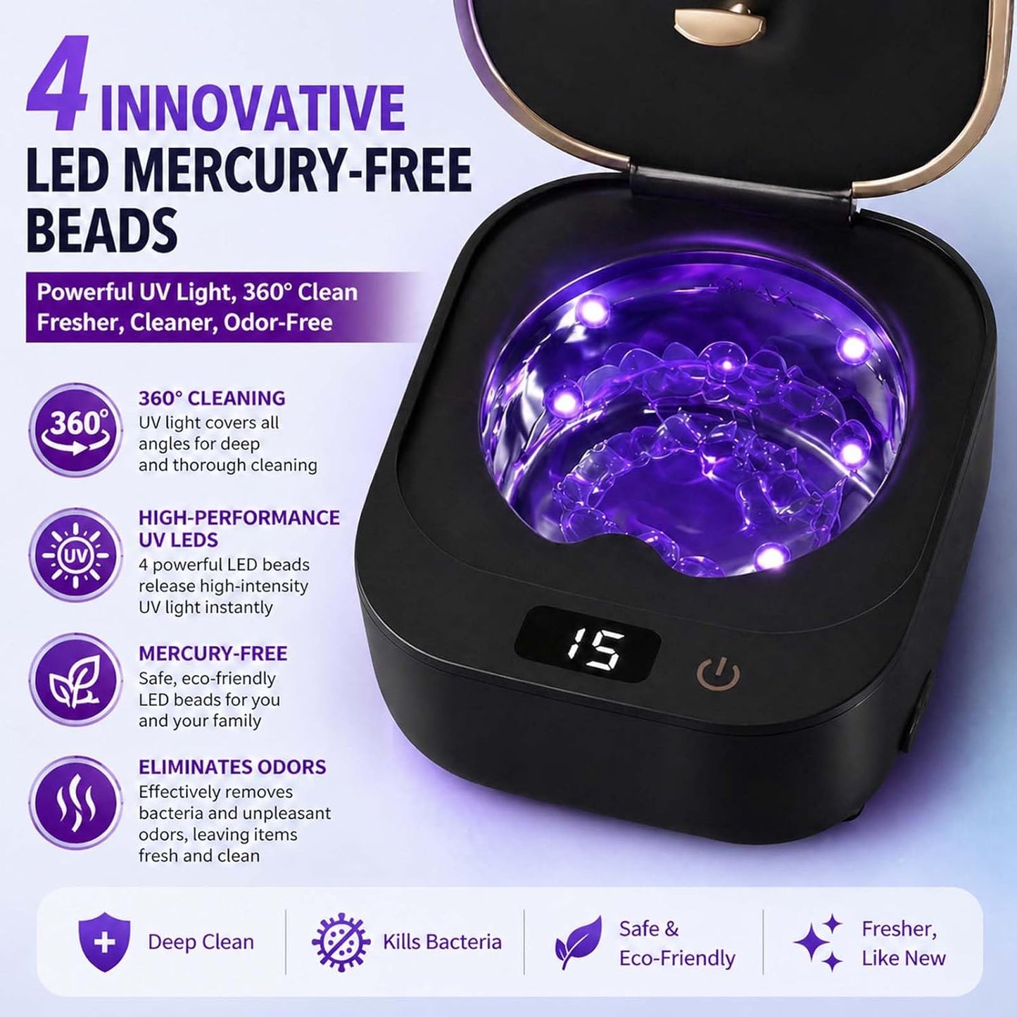 Ultrasonic Retainer Cleaner - 48kHz Dental Cleaner for Aligners, Mouth Guards & Jewelry | 250ml Pod, 3 Cleaning Modes