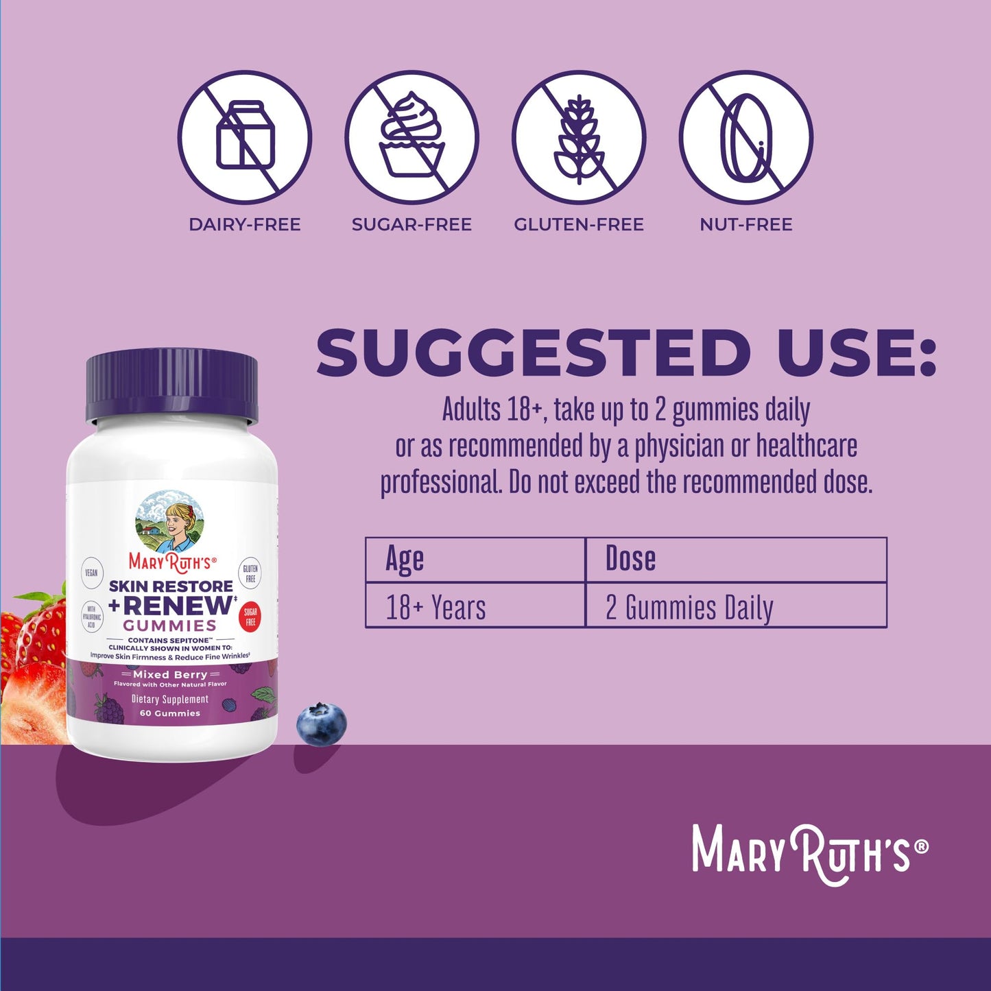 MaryRuth's Skin Restore + Renew Gummies With Hyaluronic Acid | Skin Hydration | Clinically Shown in Women to Reduce Fine Wrinkles & Improve Skin Firmness | Vegan Collagen Production | 60 Gummies