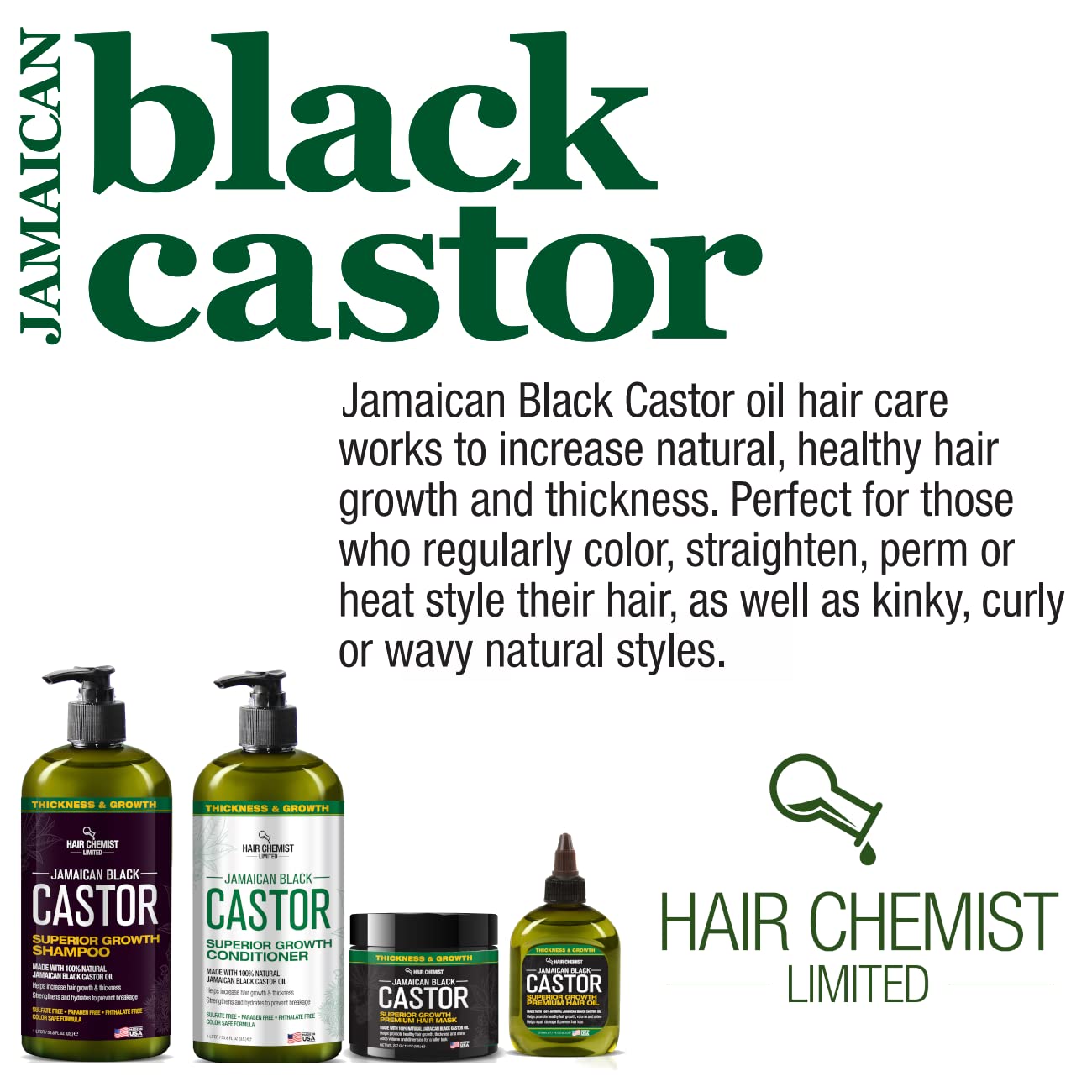 Hair Chemist 2-PC Shampoo & Conditioner Gift Box - Jamaican Black Castor Oil for Hair Growth & Thickness - Sulfate Free, Paraben Free & Phthalate Free - 33.8 oz Each - Made in USA