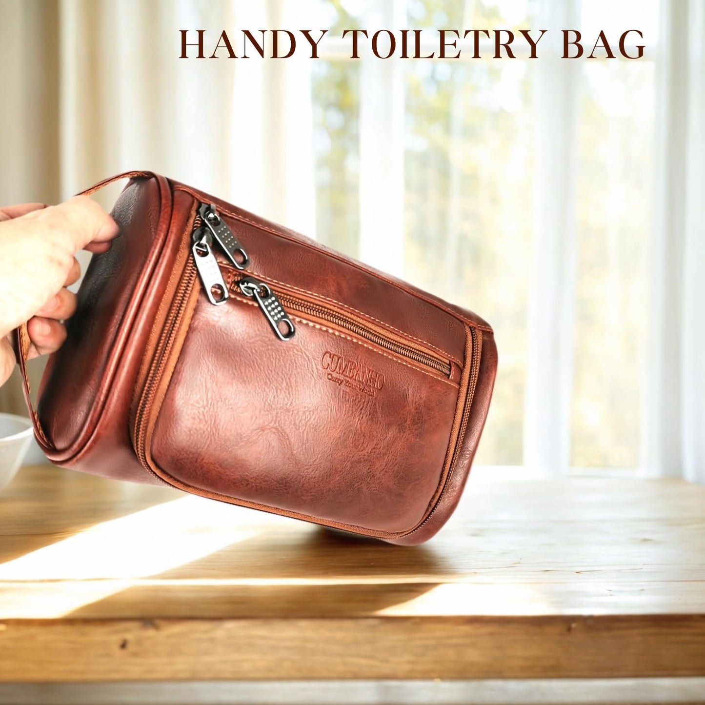 Cumbanho Mens Toiletry Bag,Compact Dopp Kit for Men Travel, PU Leather Shaving Kit, Water-Resistant Minimalist Organizer with Wrist Strap, Travel Toiletry Bag, Gift for Men,Large 10x6.5x4 Mocha Brown