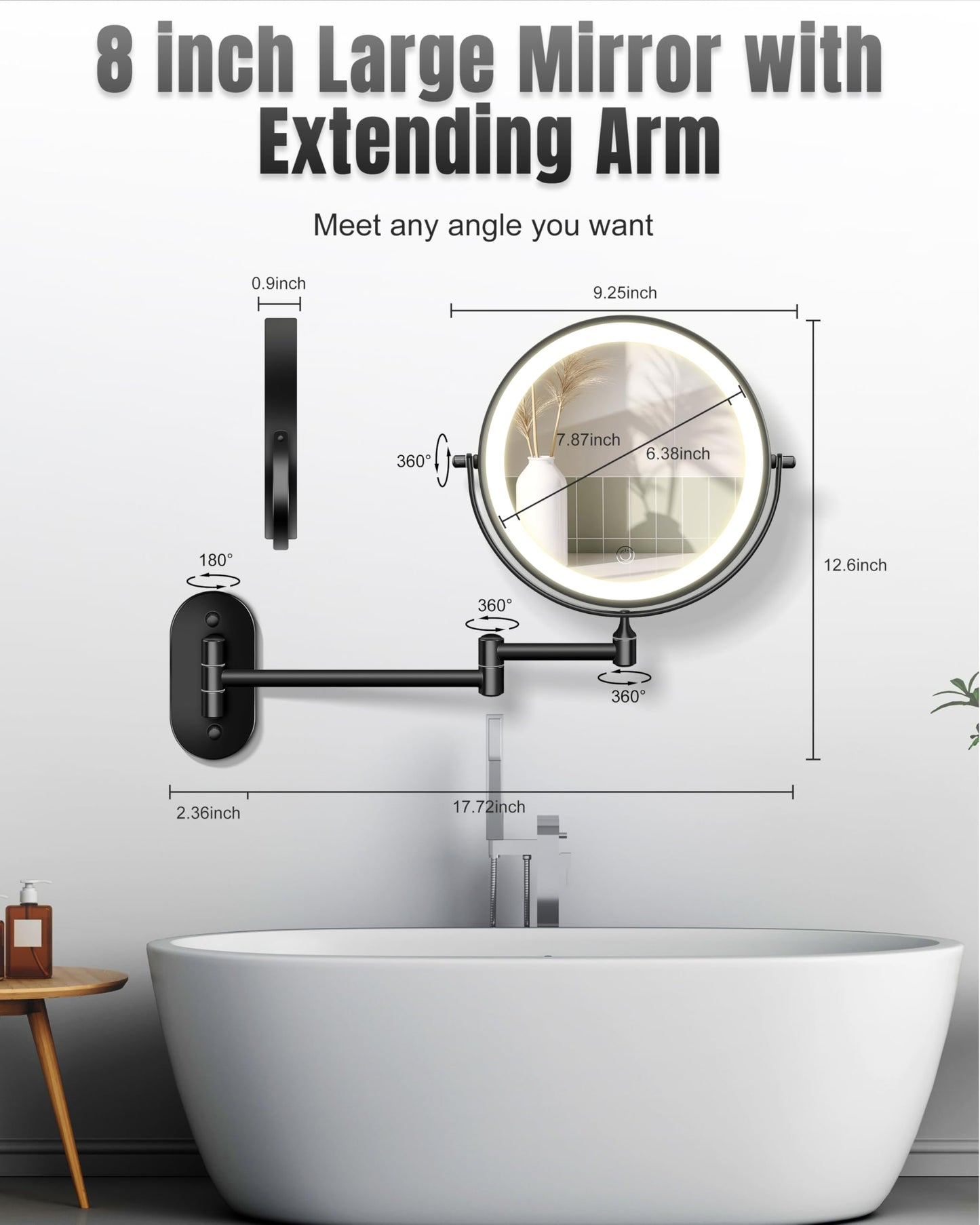 Wall Mounted Makeup Mirror with Light, 30X/1X 8'' Double Sided LED Magnifying Bathroom Lighted Vanity Mirror with Magnification, 3 Color Light up Touch Dimmable Extended Arm 360 Rotation