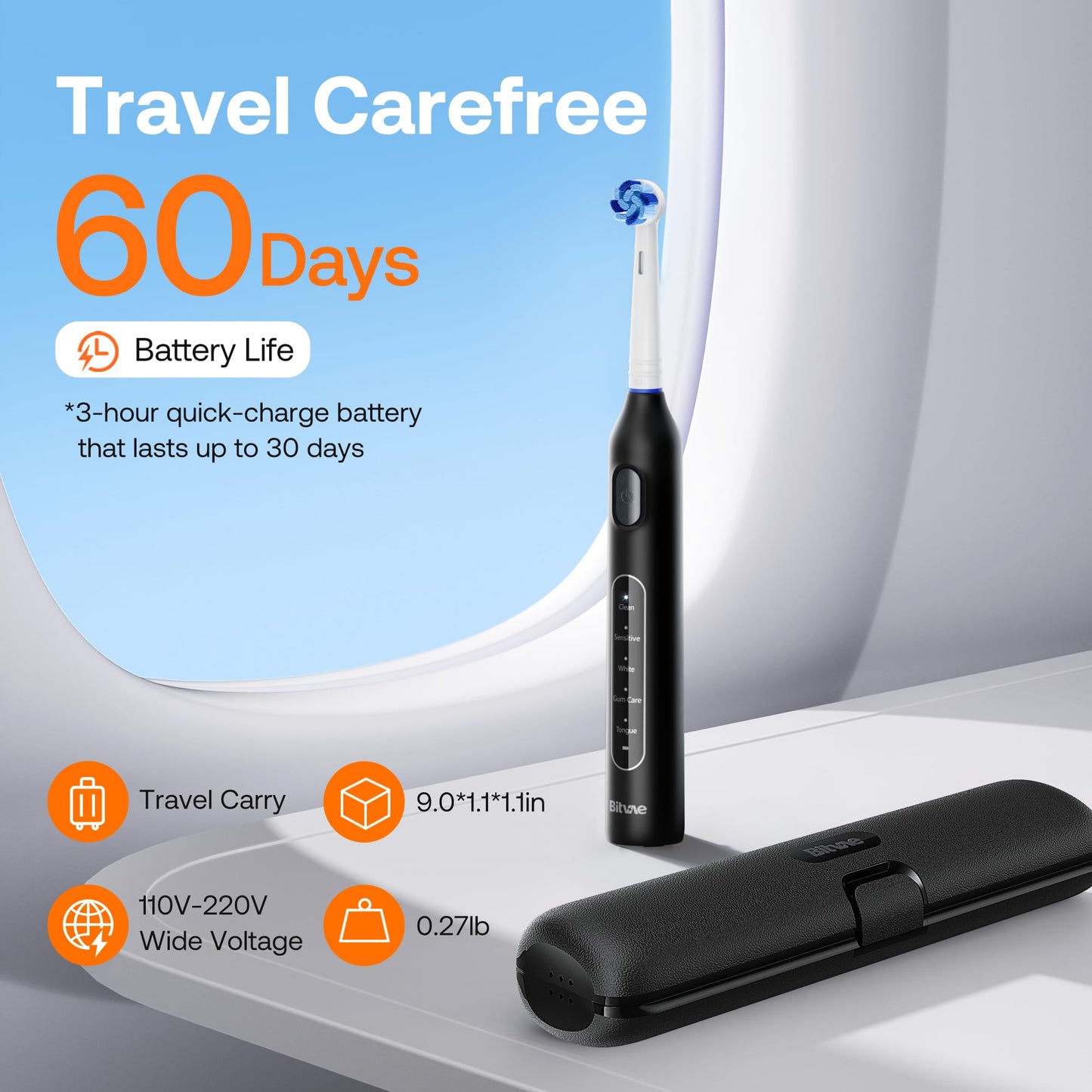 Bitvae Rotating Electric Toothbrush 2 Packs for Adults with Pressure Sensor, Gifts for Men/Women, 5 Modes Rechargeable Power Toothbrush with 8 Brush Heads, Black & White, R2