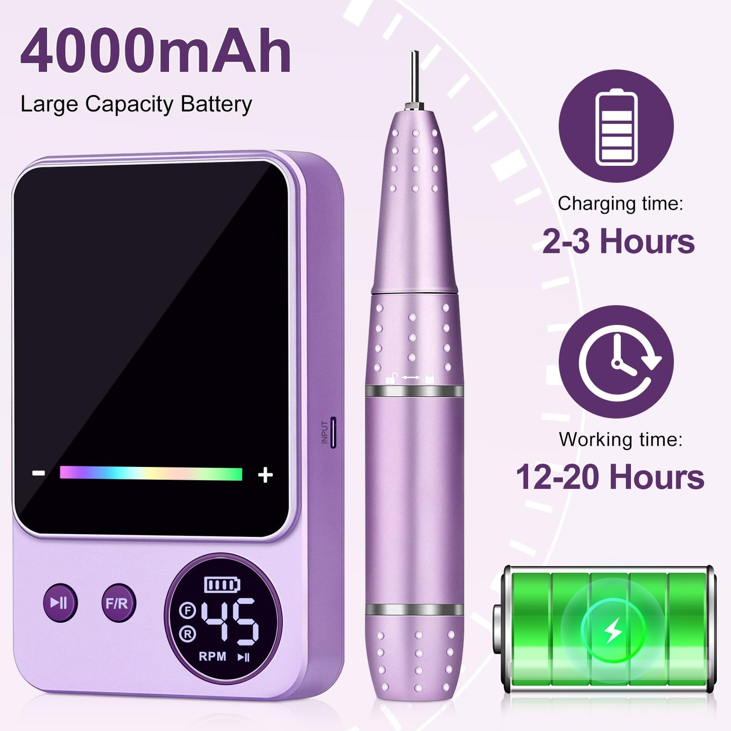 Urbuti Electric Nail Drill Professional 45000RPM, Portable Smart Touch Display Electric Nail File, 4000mAh Rechargeable Nail Drill Kit for Remover Acrylic & Gel Nails Manicure for Salon Home