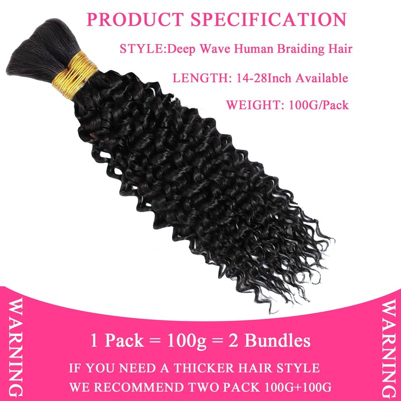 Human Braiding Hair 2 Bundles 100g 18Inch Deep Wave Bulk Human Hair for Braiding No Weft Curly Braiding Hair Bulk Curly Human Hair for Boho Braids 12A Brazilian Virgin Hair Extensions Natural Color