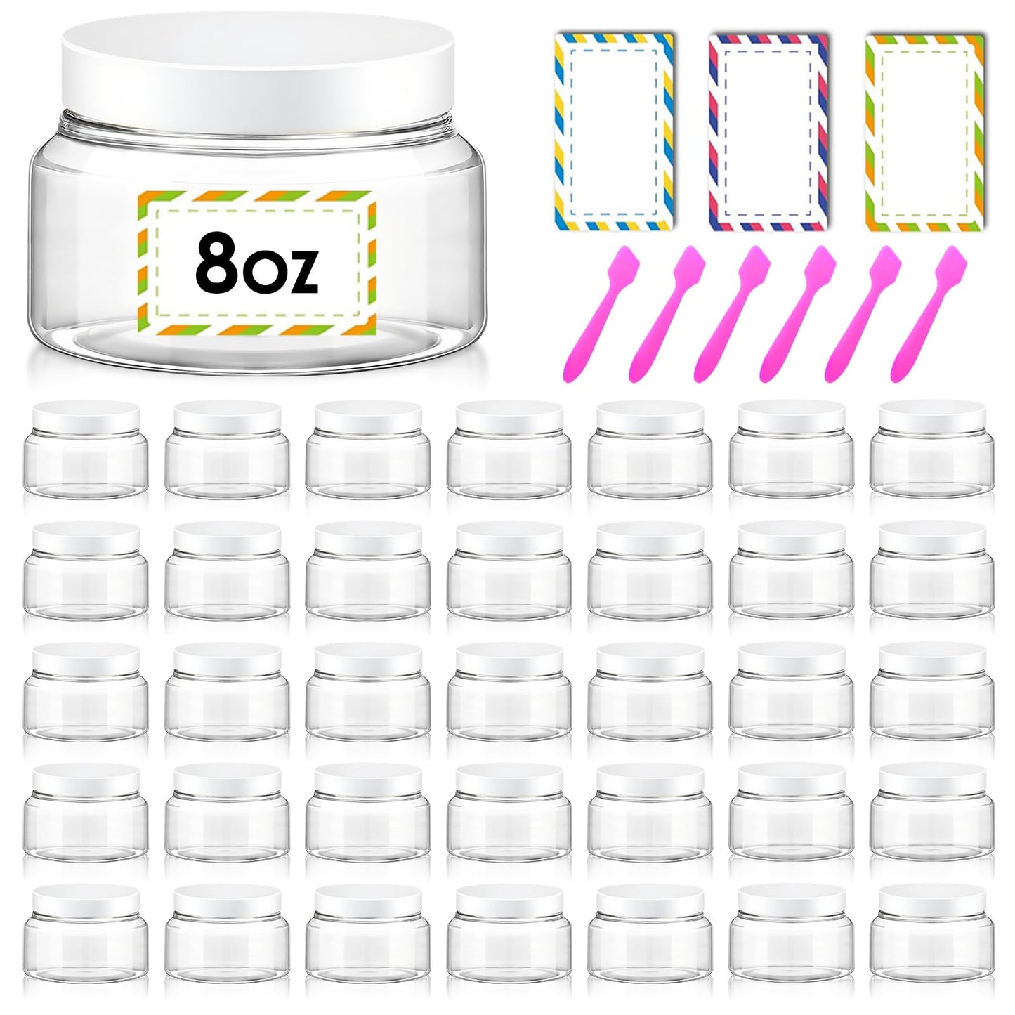 36 Pack 8 oz Plastic Cosmetic Containers With Lids Refillable Clear Empty Travle Jars Containers for Body Butter,Sugar Scrubs,Cream,Lotions,Candy, Waterproof Label&Spatulas - (White Lid)