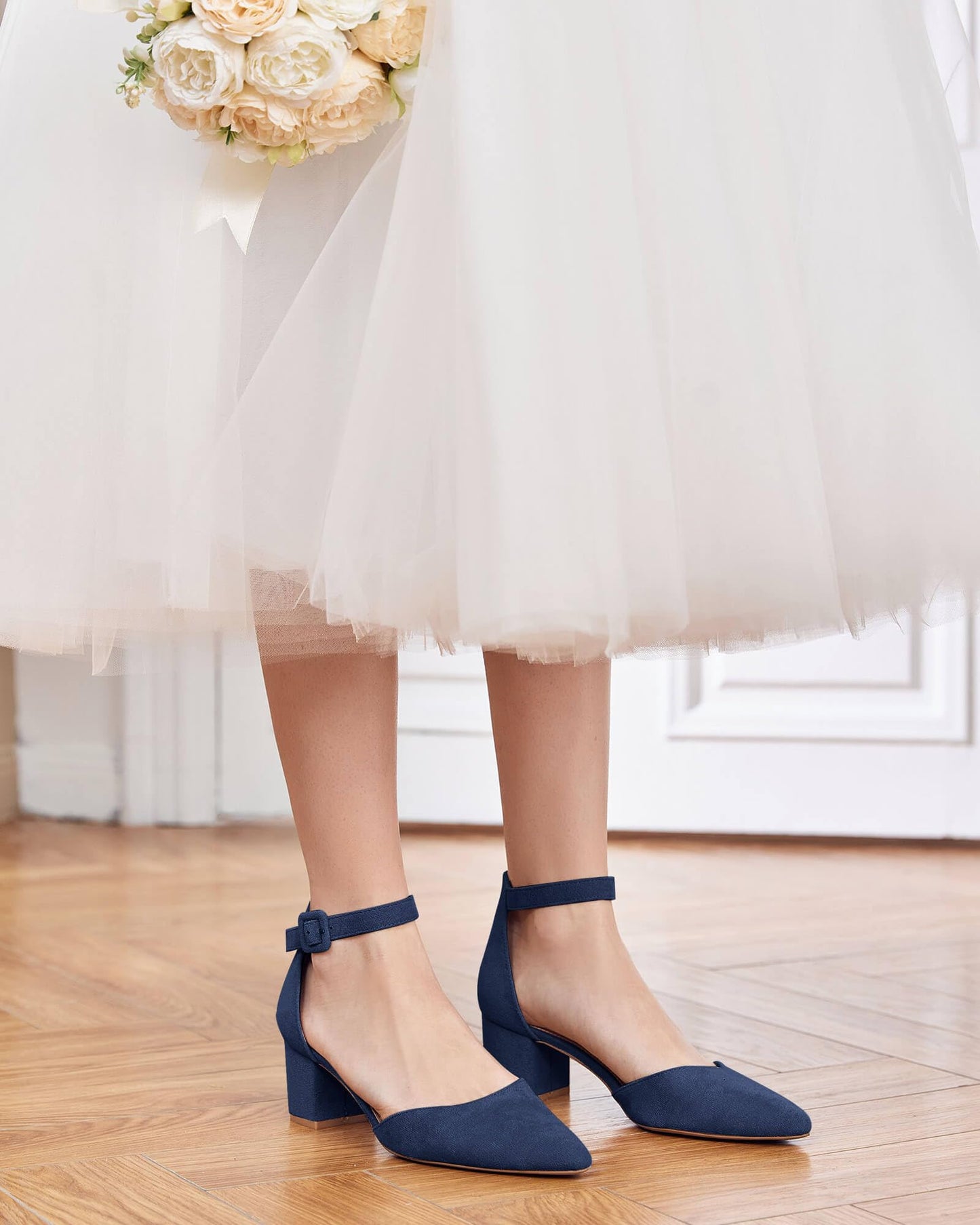 LAICIGO Women’s Chunky Heels Closed Pointed Toe Pumps Ankle Strap Comfortable Block Heels Dress Pump Shoes Navy Suede