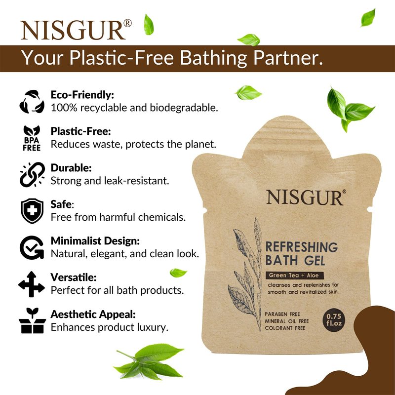 NISGUR Bulk Travel Size Body Wash 0.75 oz 100 Pack Non Plastic Hotel Bath Gel Kraft Paper Pouch Travel Shower Gel Aloe and Green Tea Extract Infused Hotel Supplies and Toiletries for Guest