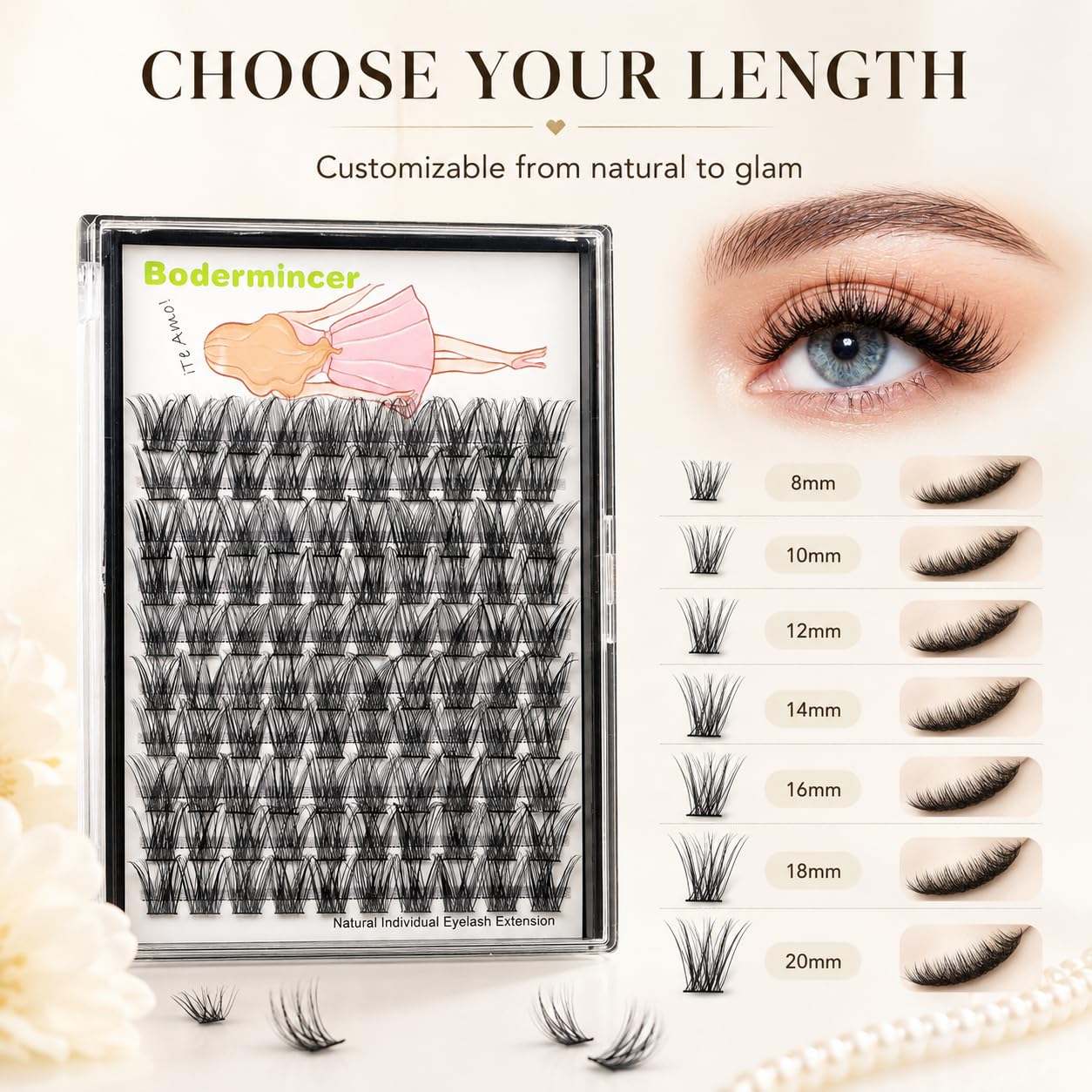 BODERMINCER Wispy Lash Clusters, DIY Individual Lashes Extensions 8-20mm, Natural Fluffy False Eyelash Clusters for At Home Lash Extension Look (14MM)