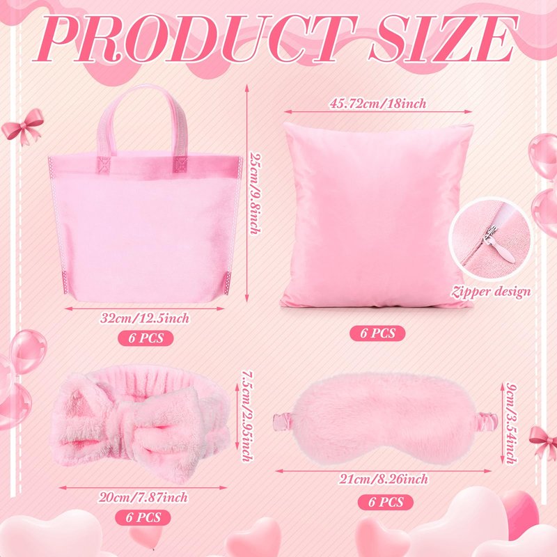 Daifunli 24 Pieces Spa Sleepover Party Supplies for Girls 6 Pink Spa Headband 6 Plush Sleep Eye Mask 6 Pink 18'' x 18'' Velvet Throw Pillow Covers 6 Tote Bags for Slumber Sleepover Party Favor Gift