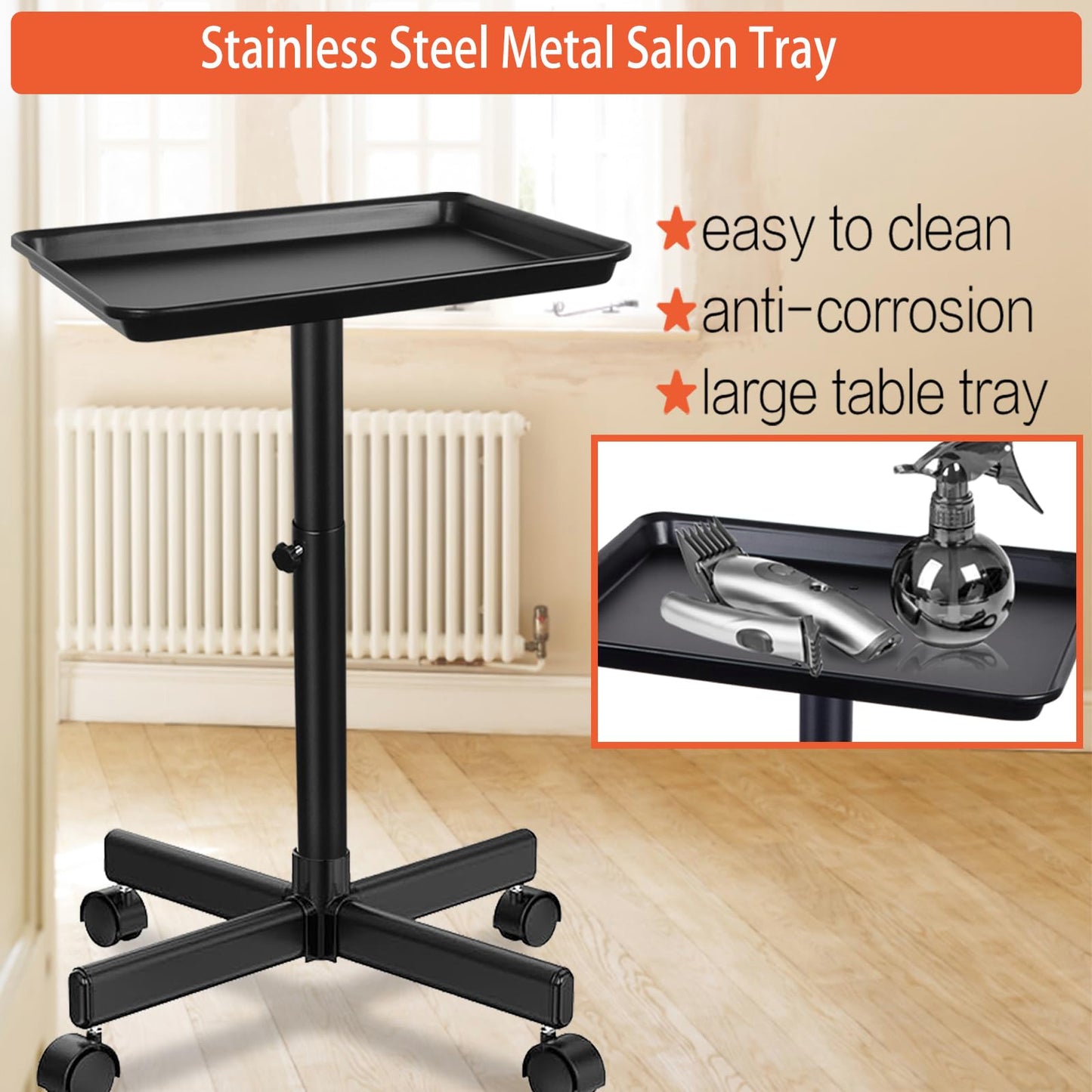 LKT COBTAC Black Salon Tray Height Adjustable Hair Color Tray with Wheels for Spa or Home Use