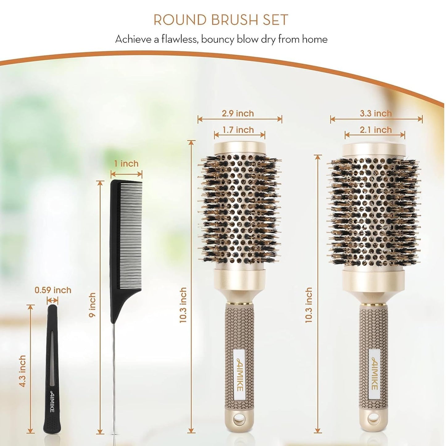 AIMIKE Hair Brush Set - Nano Thermal Ceramic Round Brush with Boar Bristles for Blow Drying | Includes Tail Comb & Hair Clips