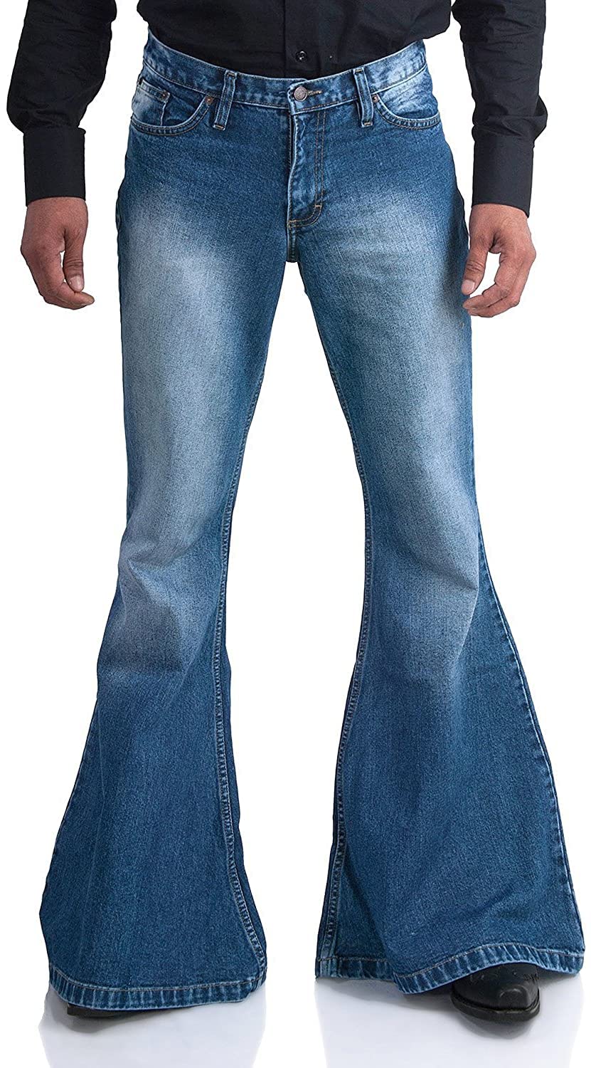 Men's Relaxed Vintage 60s 70s Bell Bottom Stretch Fit Classic Comfort Flared Flares Retro Leg Disco Denim Jeans Pants (Bu, X-Large)