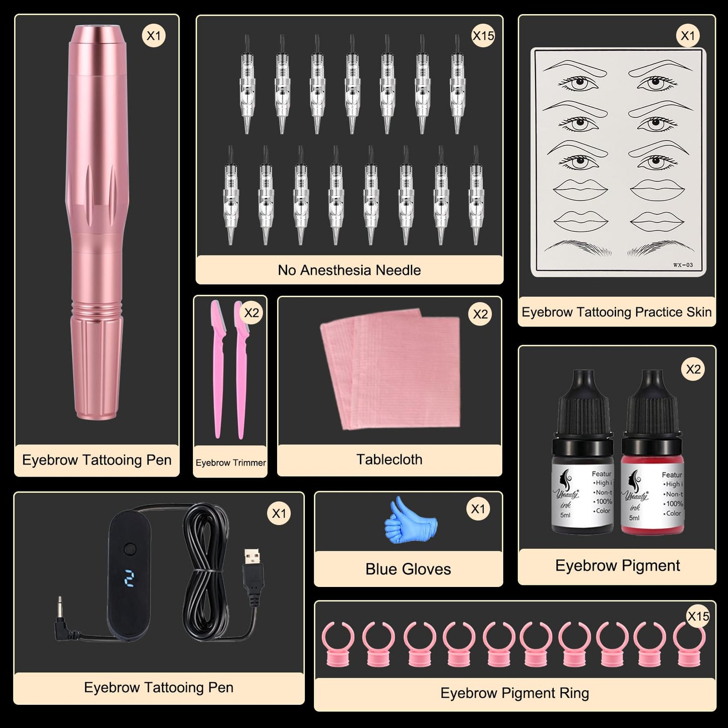 Eyebrow Microblading Tattoo Kit for Beginner Professional Complete Wired Tattoo Gun Set with 15Pcs Cartridge Needles Microblading Supplies for Eyebrow Lip Eyeliner