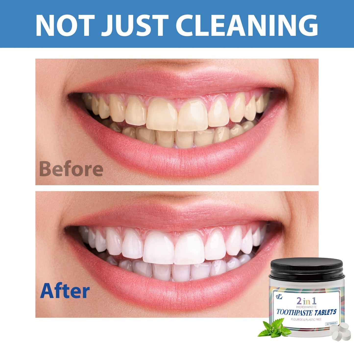 Toothpaste Tablets with Nano Hydroxyapatite – 2-in-1 Chewable Mint Tablets for Fresh Breath & Daily Cleaning, Fluoride-Free, Travel Friendly Jar, 62 Count (1)