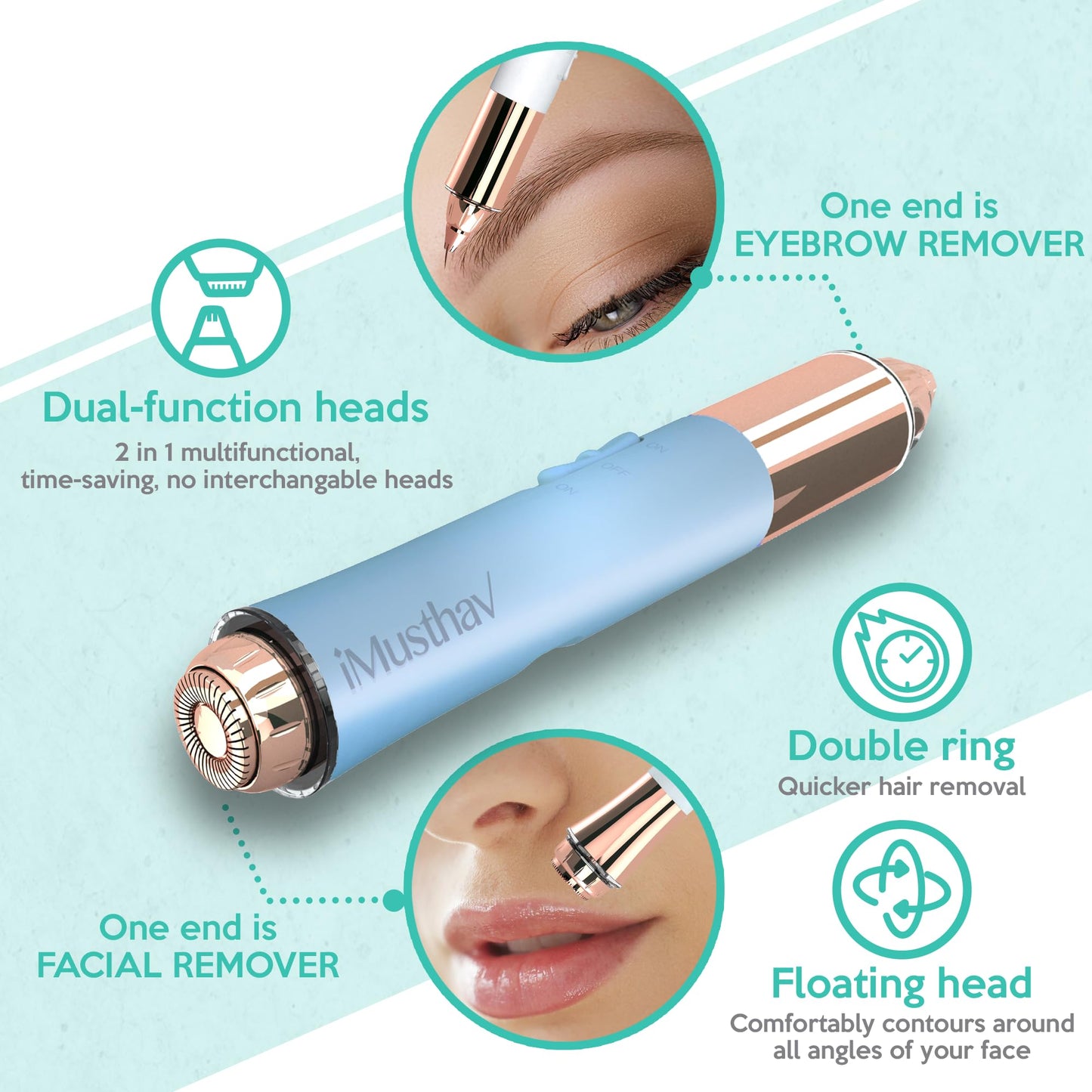 iMusthav Face Hair Removal for Women, 2-in-1 Facial Hair Remover & Eyebrow Trimmer, Painless Flawless Face Shaver with LED Light, Rechargeable Peach Fuzz Remover & Electric Eyebrow Razor for Women
