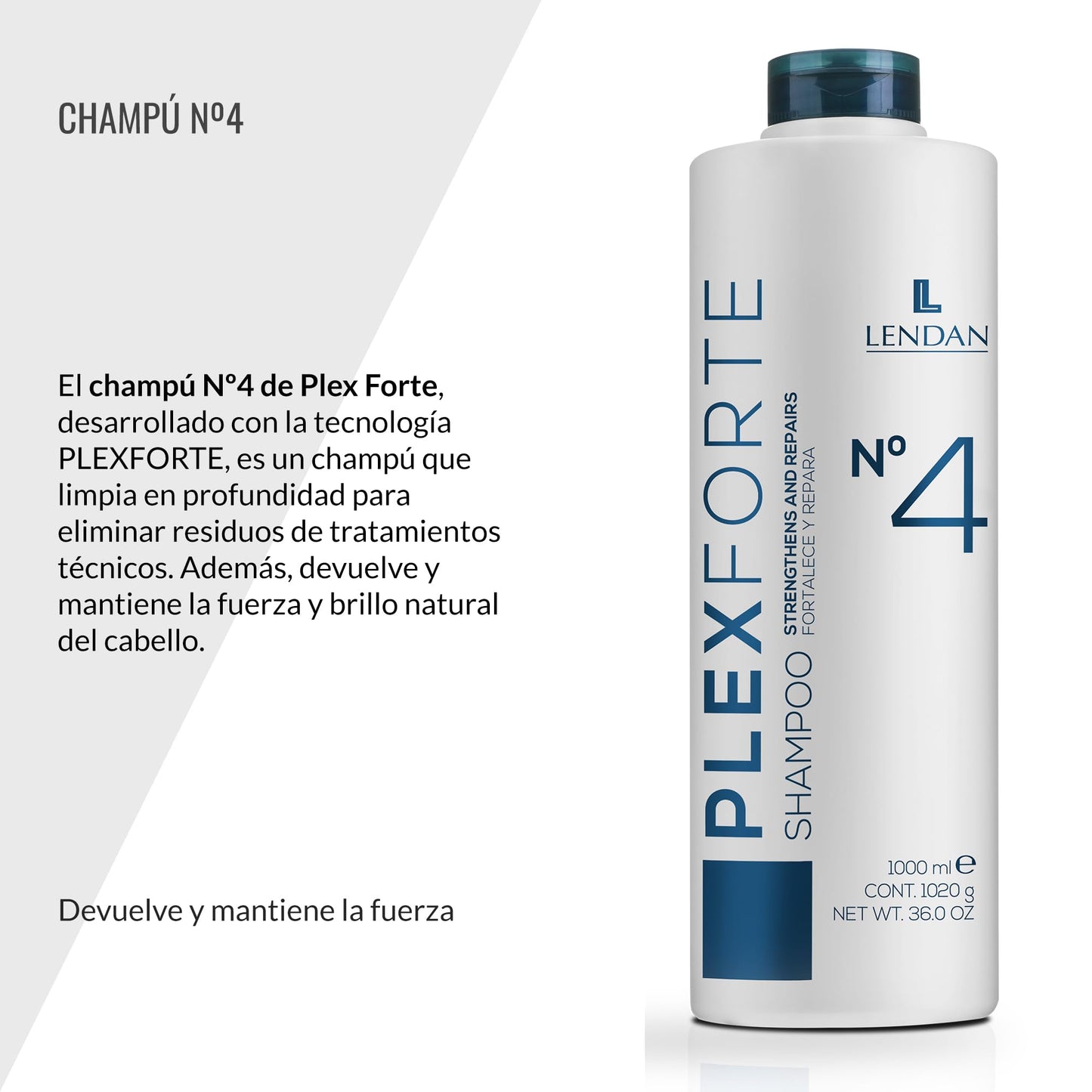 Lendan - Repair Shampoo - Plex Forte Nº4 Shampoo - 1000 ml - Repairs and Strengthens Hair - Deep Cleanses - Normalizes Hair pH - Anti-Frizz - Deep Hair Hydration