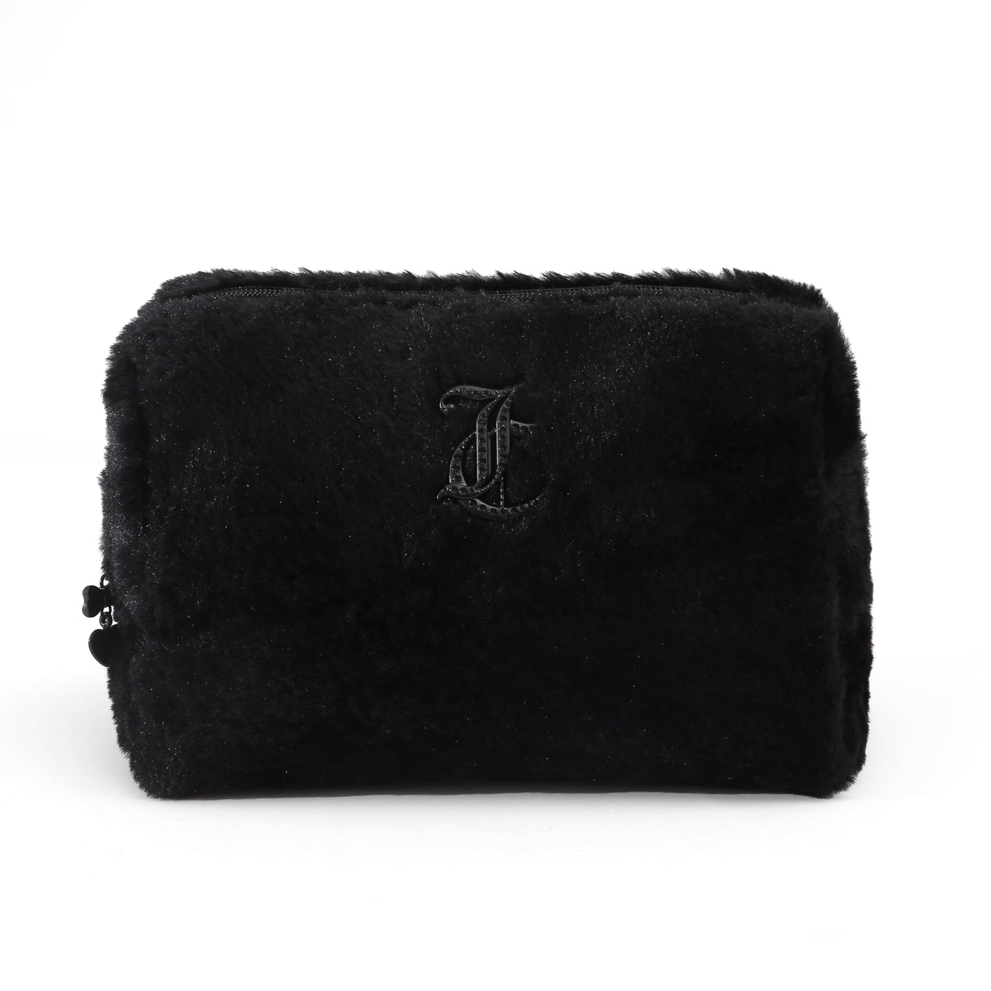 Juicy Couture Black Makeup Bag Cosmetics Organizer Travel Essentials Zip Top Wedge Faux Fur Rhinestone