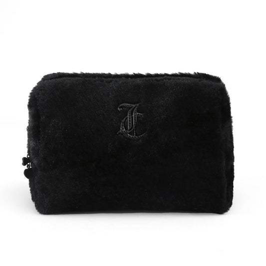 Juicy Couture Black Makeup Bag Cosmetics Organizer Travel Essentials Zip Top Wedge Faux Fur Rhinestone