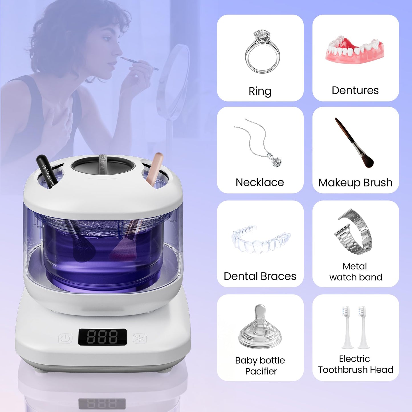 Ultrasonic Jewelry Cleaner with Detachable Tank, Makeup Brush Cleaner Machine