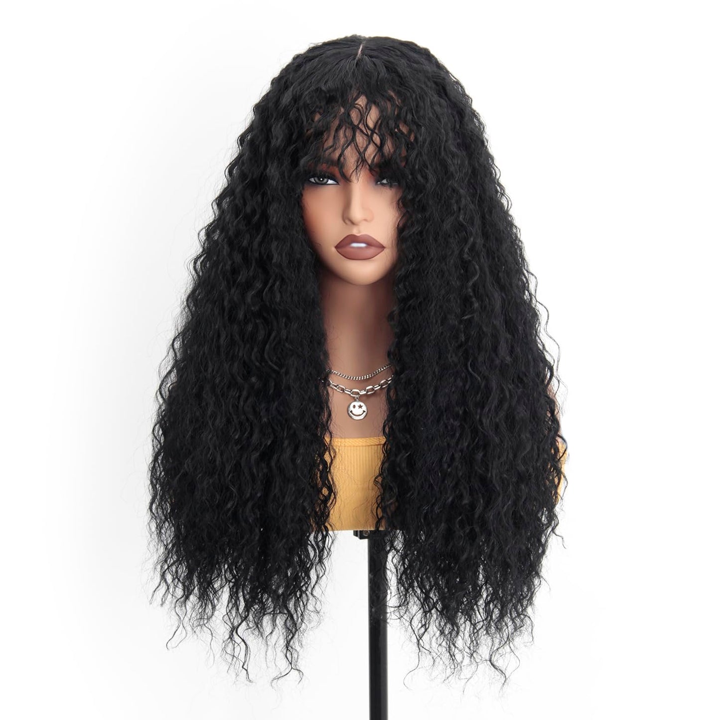 Curly Wigs for Black Women Black Long Curly Afro Wig with Bangs 24inch