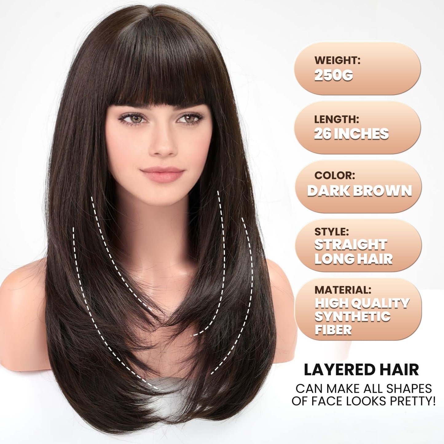 EMMOR Dark Brown Wig With Bangs For Women Long Straight Synthetic Wig Brunette Layered Hairstyle Wigs For Girls Party Cosplay And Daily Use(26" Dark Brown)