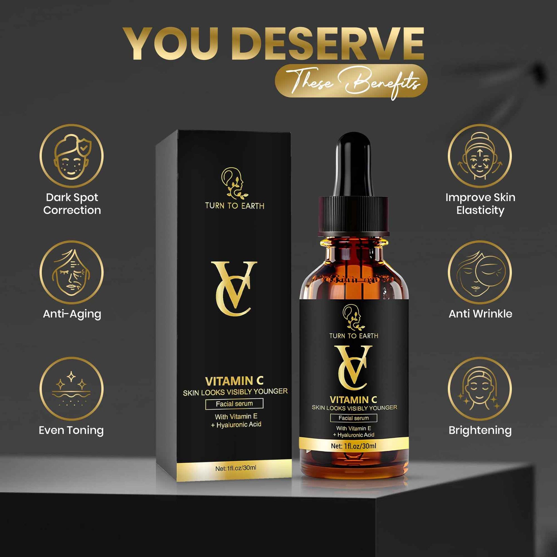TURN TO EARTH Vitamin C Facial Serum with Vitamin E, Hyaluronic Acid, and Aloe Vera, for Skin Brightening, Dark Spot Reducing, Evening Skin Tone Formula in a 1 fl oz Glass Bottle