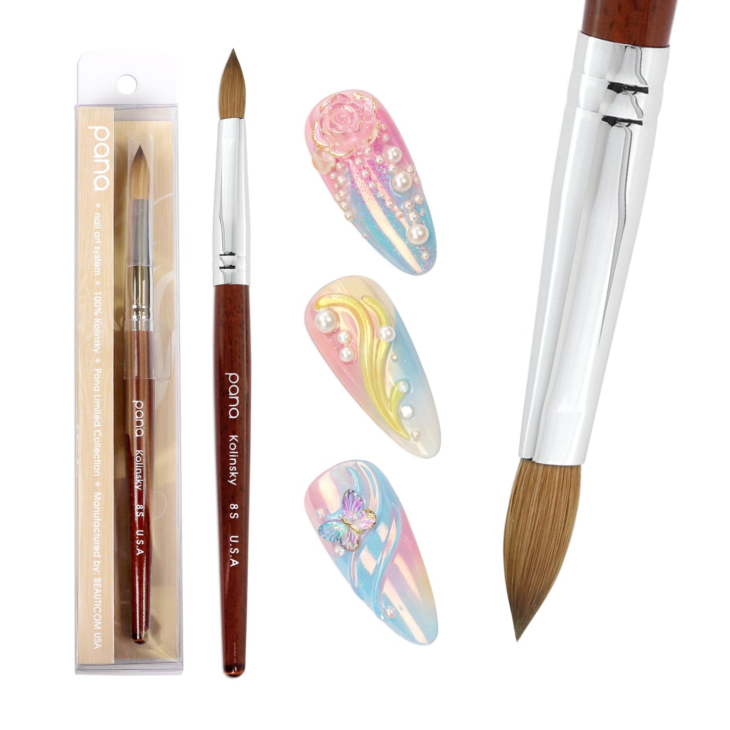 PANA Pure Kolinsky Hair Bristles Acrylic Nail Brush Oval Crimped Shaped Mahogany Wood Handle Professional Salon Quality (Size 8, Mahogany)