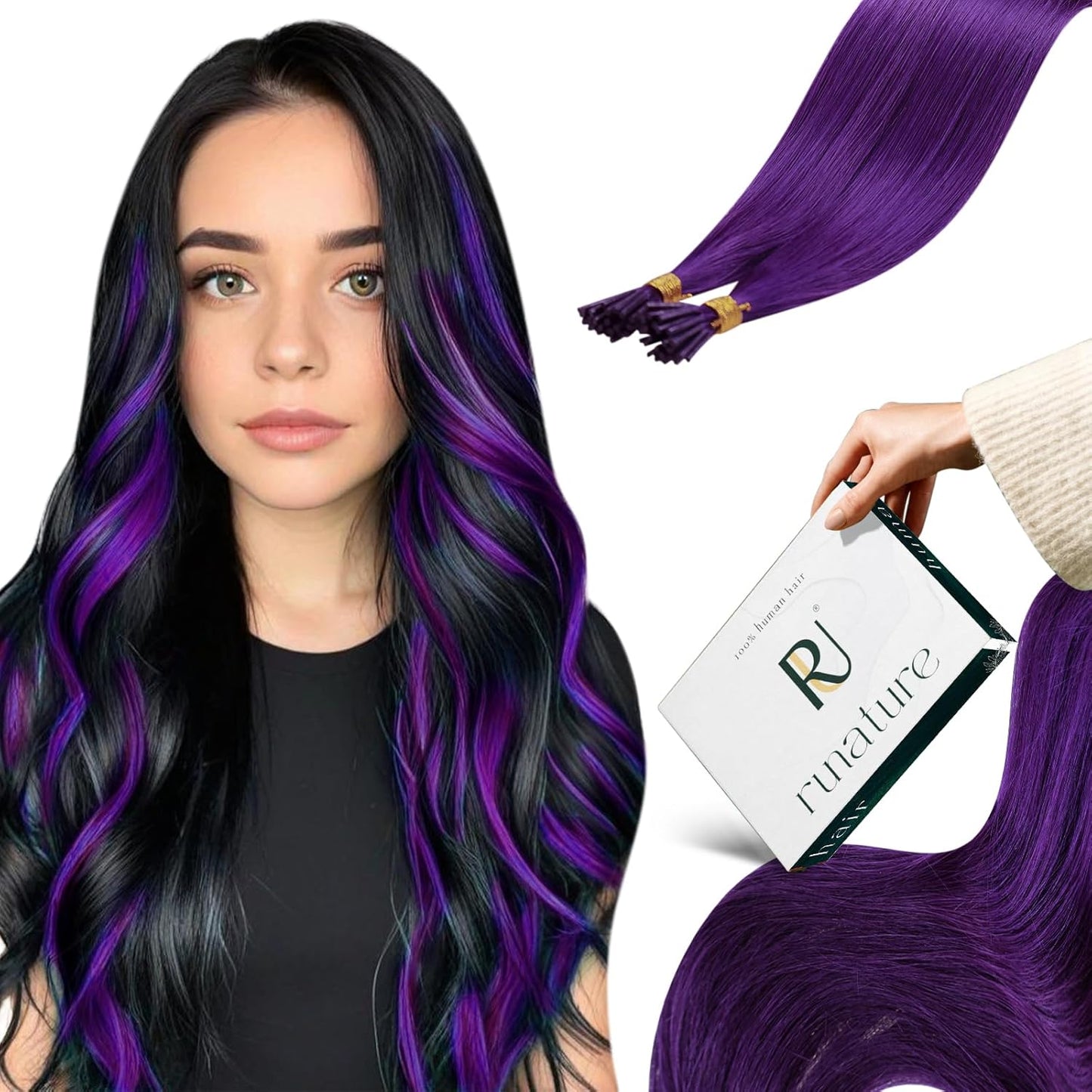 RUNATURE I Tip Hair Extensions - Purple Highlight Human Hair | 16 Inch, 20g, Soft & Smooth for Easy Maintenance