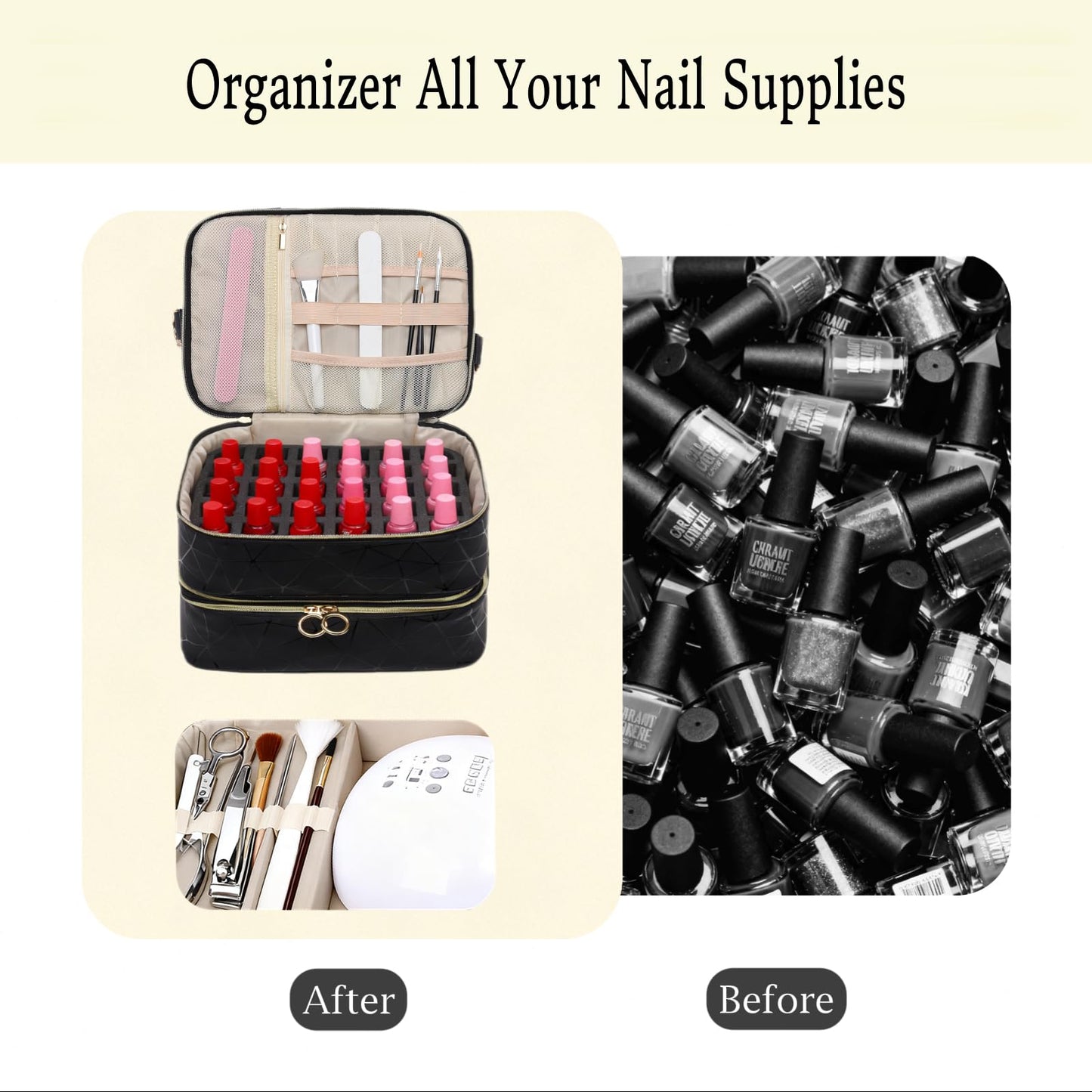 Wifeassistant 3 Layers Nail Polish Organizer Bag - Holds 60 Bottles,Portable Travel Case with Shoulder Strap,Nail Tech Kit Storage,Versatile Cosmetics Case,Detachable,Waterproof,Gifts for Women