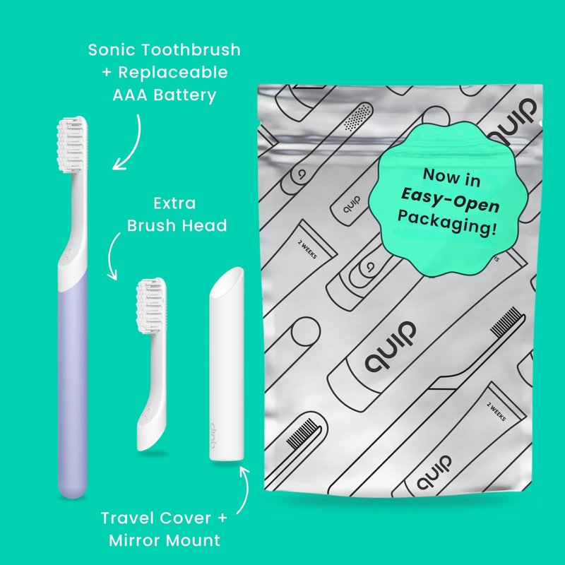 Quip Sonic Electric Toothbrush for Adults with Timer - Includes Travel Case & Replacement Brush Head - 3 Month Battery Life, Plastic Handle - Lavender