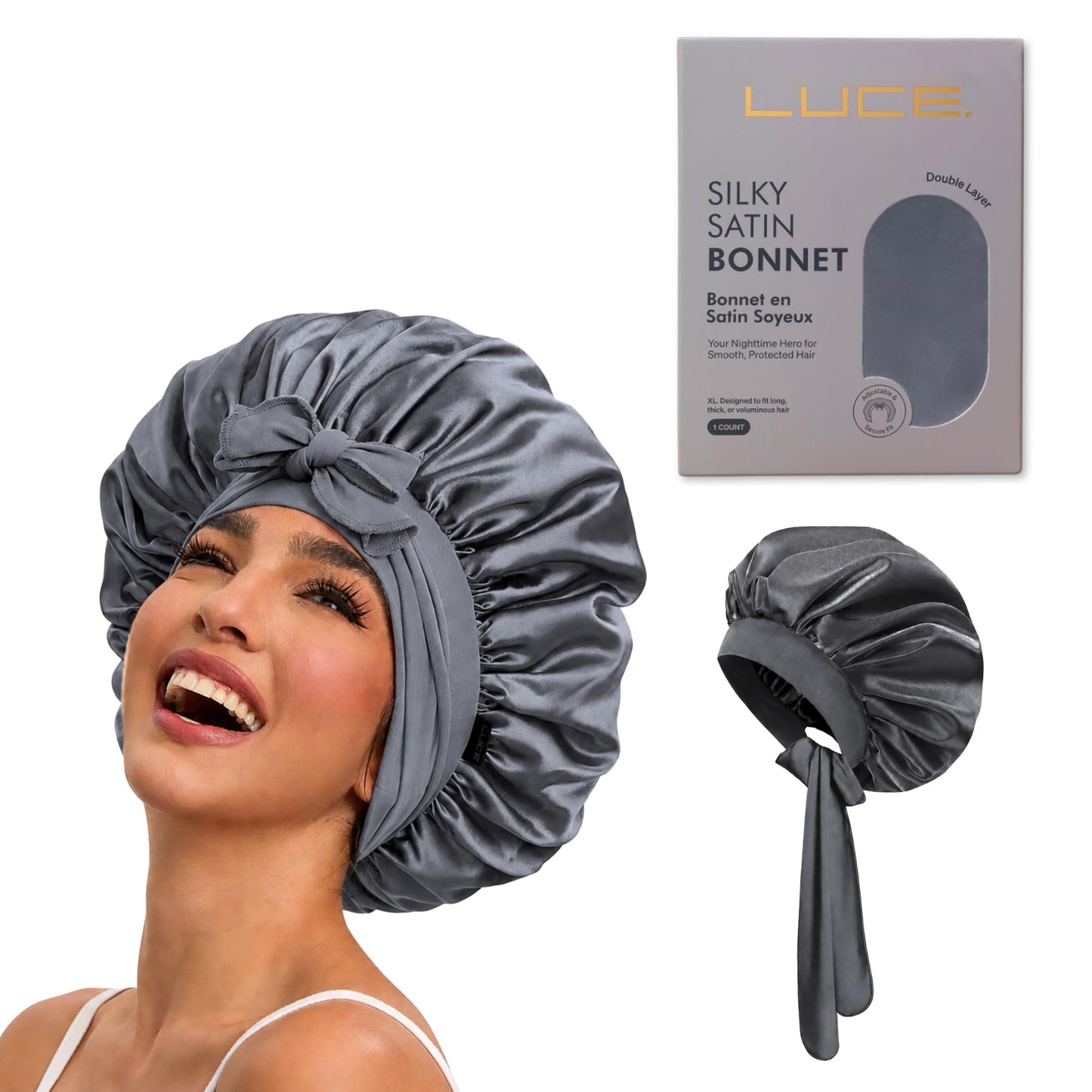 LUCE Satin Silk Bonnet for Sleeping - XL Double-Layer 600 Thread Satin Hair Bonnets for Women, Hair Cap for Sleep with Adjustable Tie for Frizz Control and Overnight Hair Protection