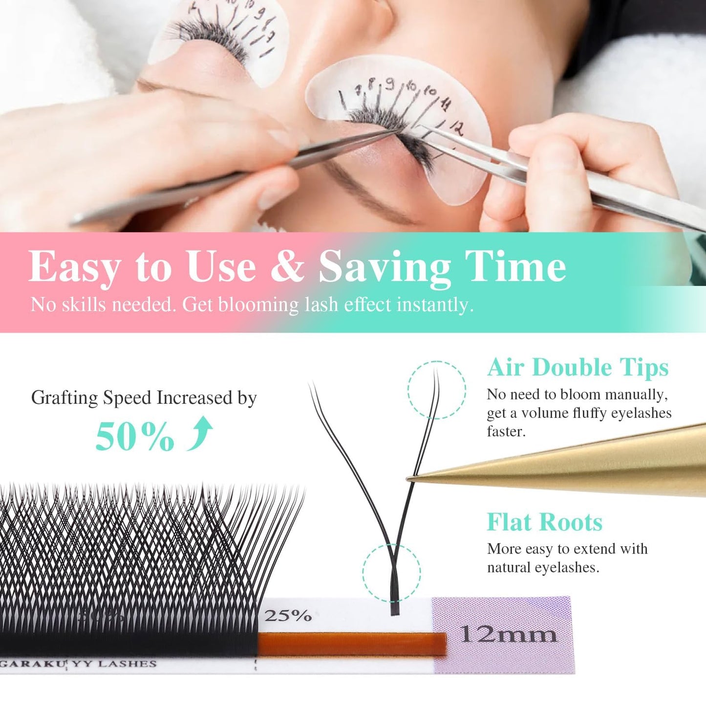 NAGARAKU 5 Trays yy Eyelash Extensions y lash 0.07mm D curl 9/10/11/12/13mm in 1 pack Premade 4D Easy Fan Russian Volume Cluster Faux Mink Matte Black 12 rows