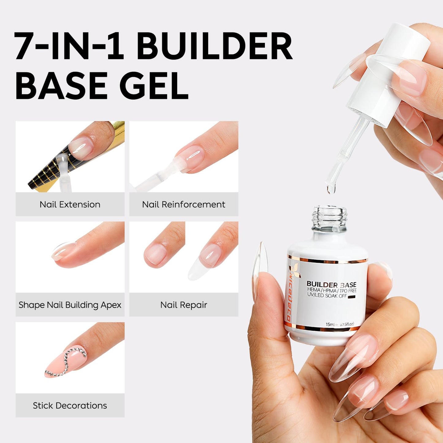 Builder Nail Gel - 7 in 1 Clear Base Gel & Rubber Polish Set | 15ML, 6 Pcs