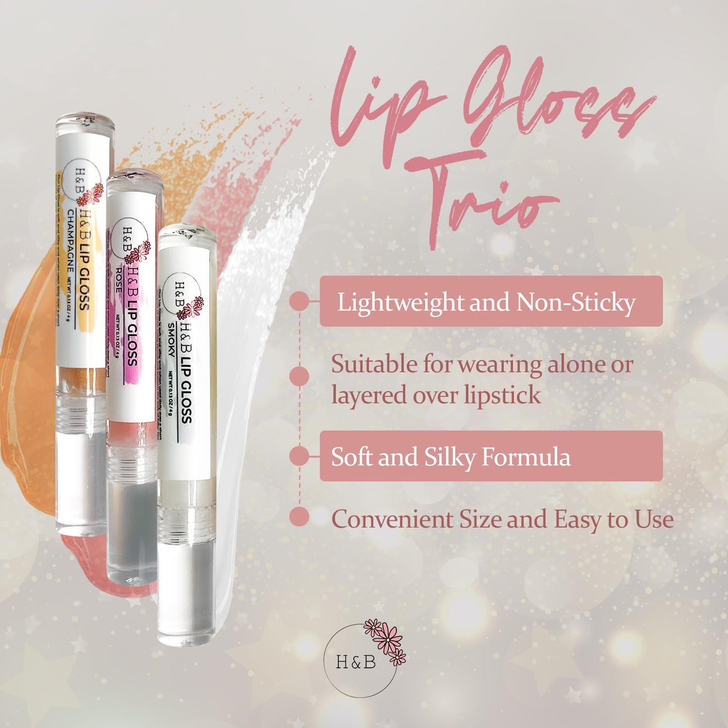 Nicole + Brizee N+B H&B Lip Gloss & Lip Tint Set, Hydrating, Long Lasting Lip Gloss, Non-Sticky Shimmer Shine for Women - Rose, Smoky & Champagne Flavors (3 Pack, 4g)