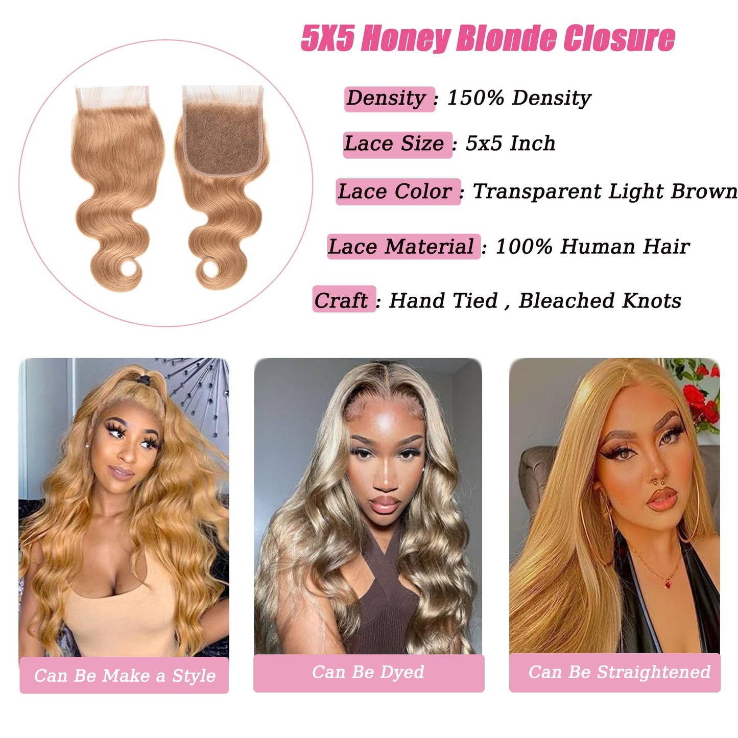 5x5 Blonde Lace Front Closure Human Hair Color 27 Closure Bleached Konts Transparent Lace Closures 10a Swiss Lace Closure Soft Virgin Hair Natural Hairline Free Part 16 Inch