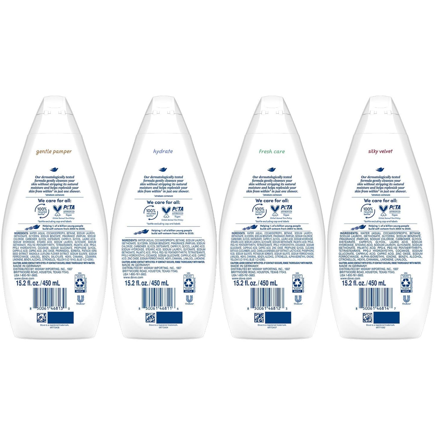 Dove Body Wash Variety 6-Pack – Hydrate, Gentle Pamper, Fresh Care, and Silky Velvet, 15.2 Oz Ea